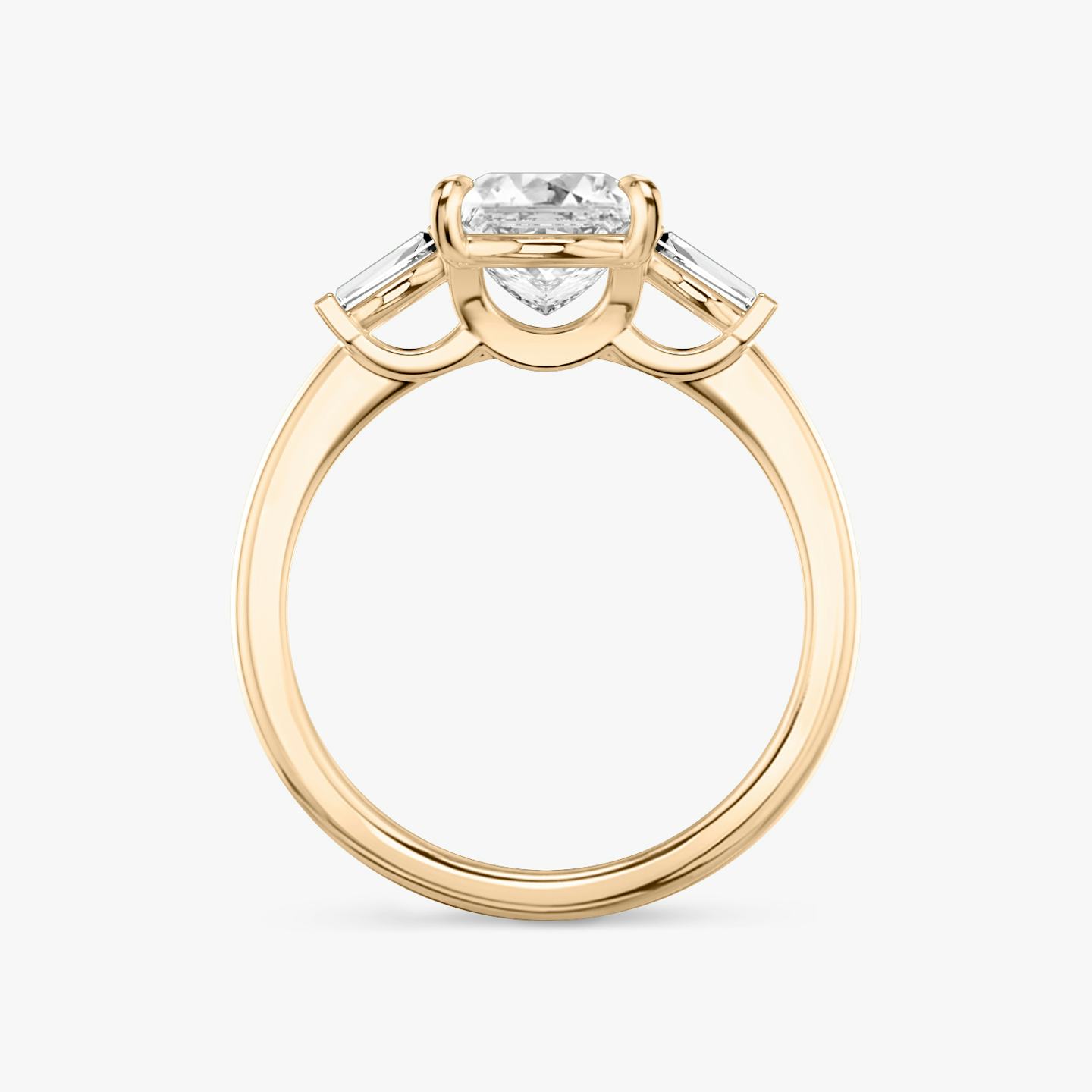The Three Stone | Princess | 14k | 14k Rose Gold | Band: Plain | Side stone carat: 1/10 | Side stone shape: Tapered Baguette | Diamond orientation: vertical | Carat weight: See full inventory