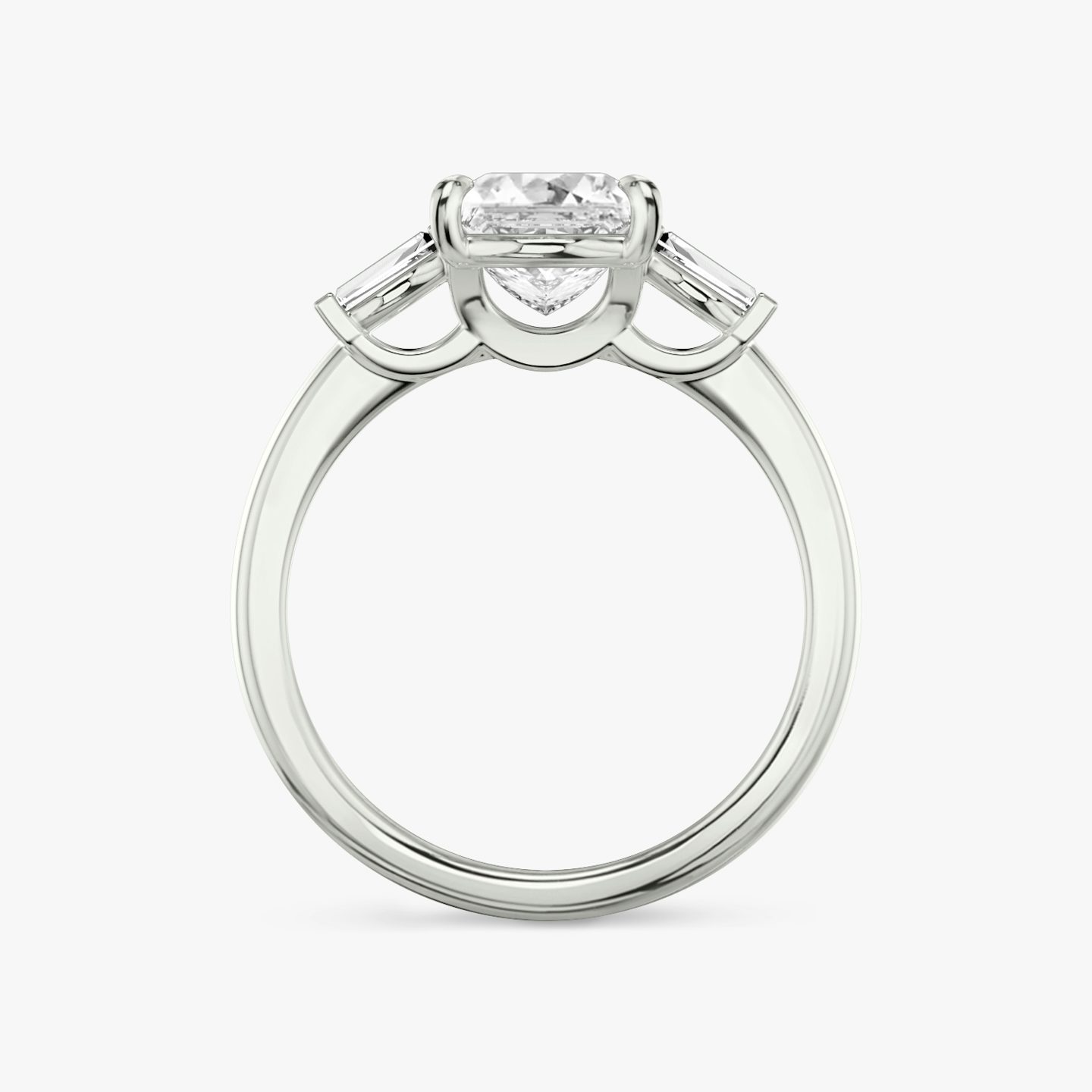 The Three Stone | Princess | Platinum | Band: Plain | Side stone carat: 1/10 | Side stone shape: Tapered Baguette | Diamond orientation: vertical | Carat weight: See full inventory