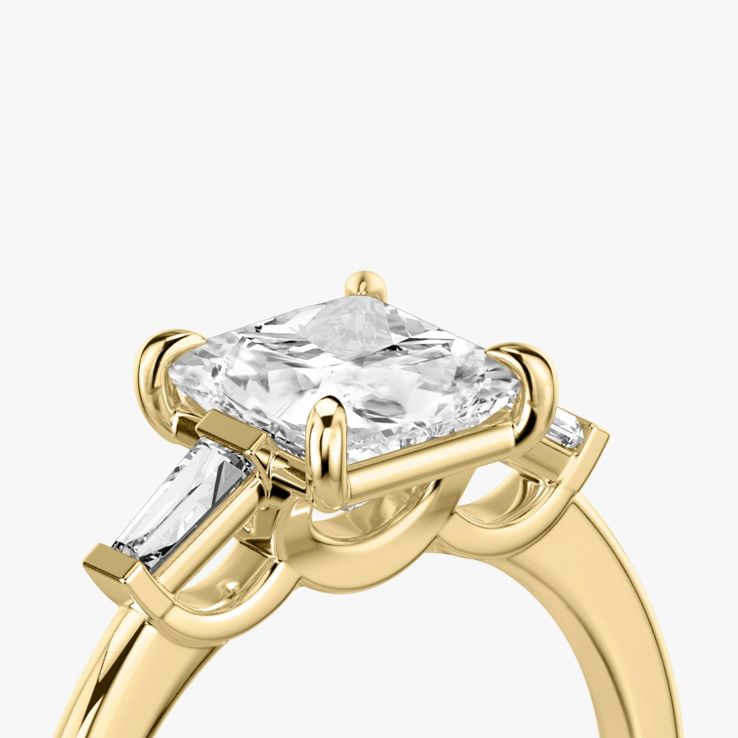 The Three Stone | Princess | 18k | 18k Yellow Gold | Band: Plain | Side stone carat: 1/10 | Side stone shape: Tapered Baguette | Diamond orientation: vertical | Carat weight: See full inventory