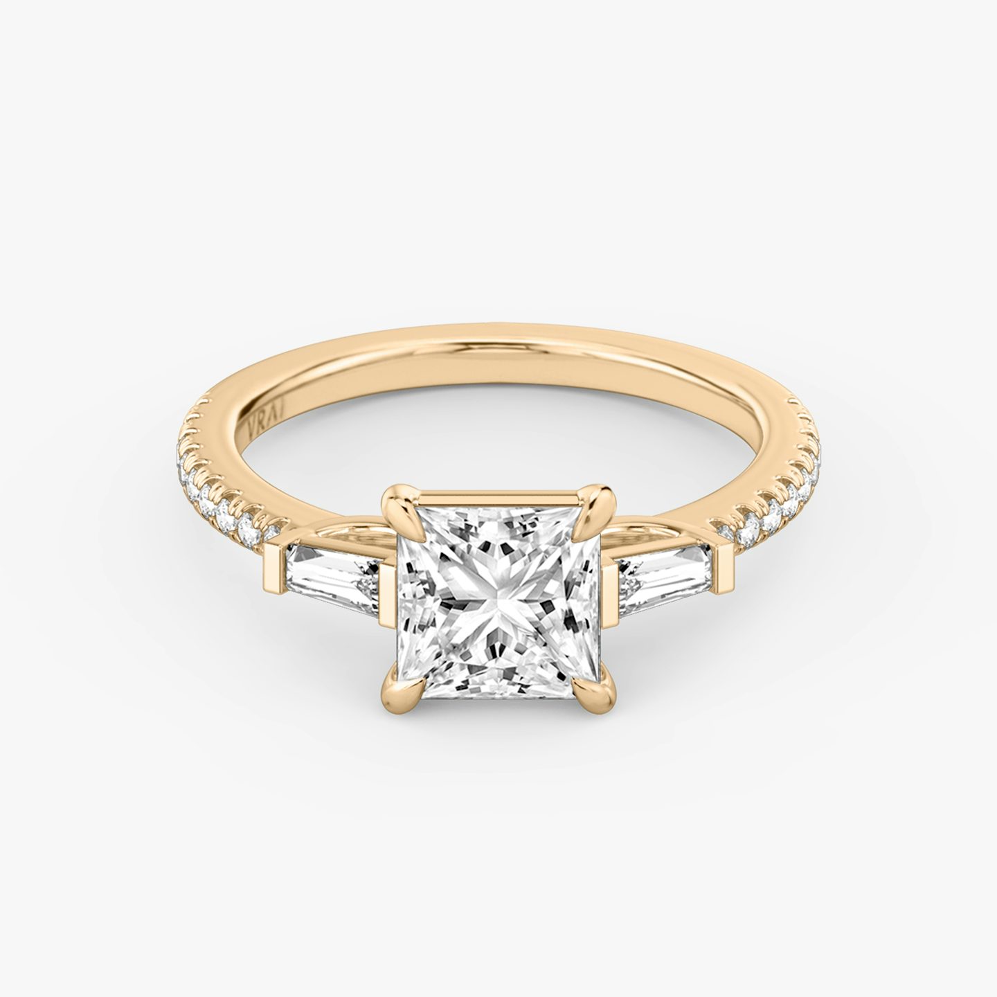 The Three Stone | Princess | 14k | 14k Rose Gold | Band: Pavé | Side stone carat: 1/10 | Side stone shape: Tapered Baguette | Diamond orientation: vertical | Carat weight: See full inventory