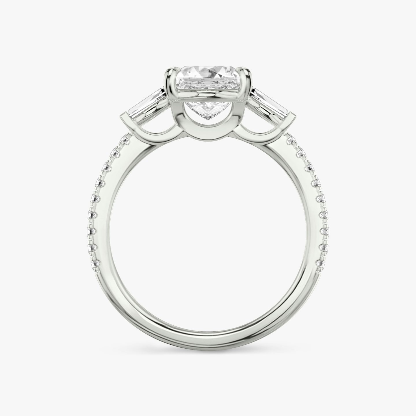 The Three Stone | Princess | 18k | 18k White Gold | Band: Pavé | Side stone carat: 1/10 | Side stone shape: Tapered Baguette | Diamond orientation: vertical | Carat weight: See full inventory