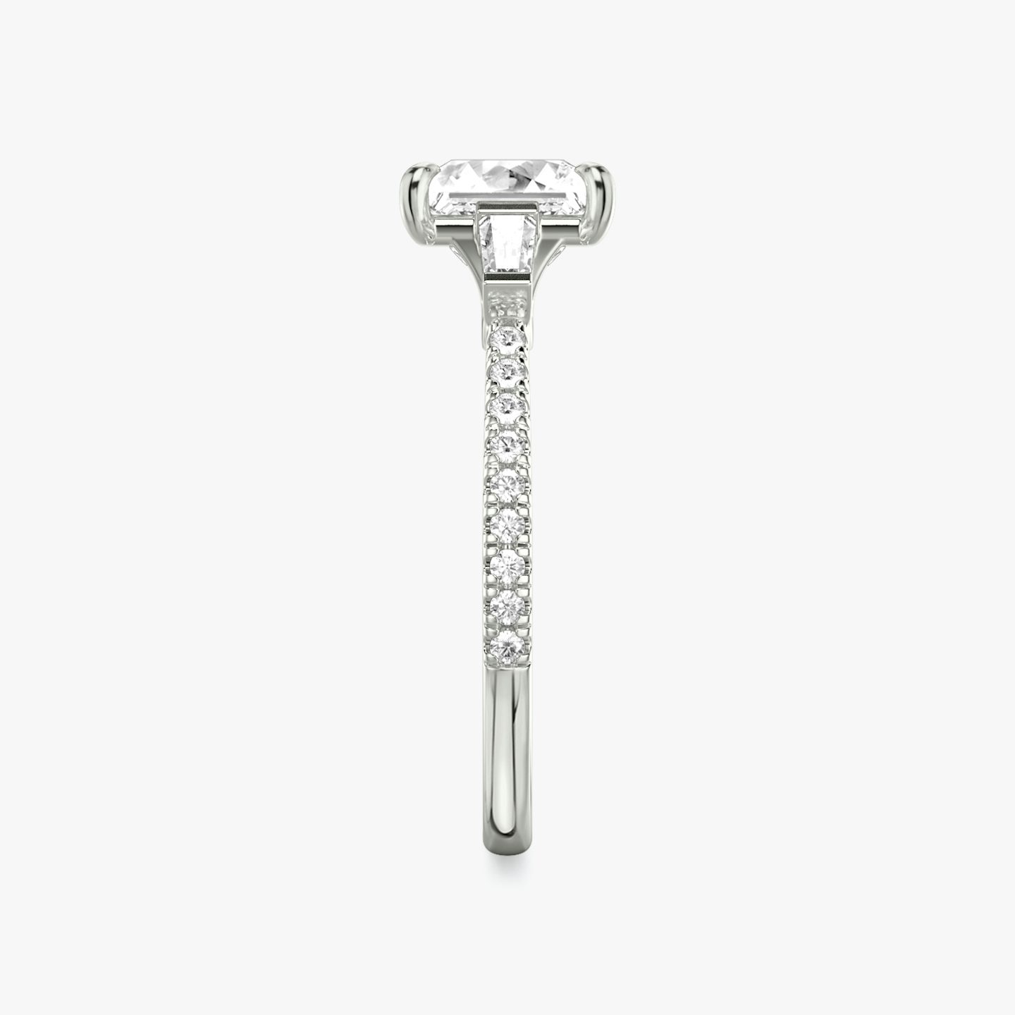 The Three Stone | Princess | 18k | 18k White Gold | Band: Pavé | Side stone carat: 1/10 | Side stone shape: Tapered Baguette | Diamond orientation: vertical | Carat weight: See full inventory