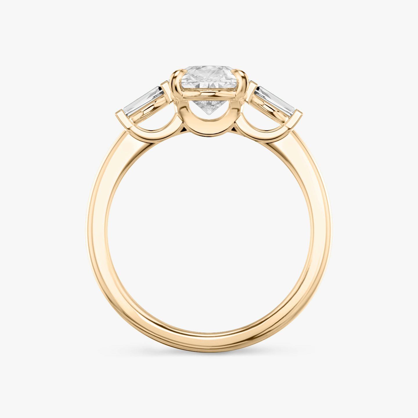 The Three Stone | Pear | 14k | 14k Rose Gold | Band: Plain | Side stone carat: 1/10 | Side stone shape: Tapered Baguette | Diamond orientation: vertical | Carat weight: See full inventory