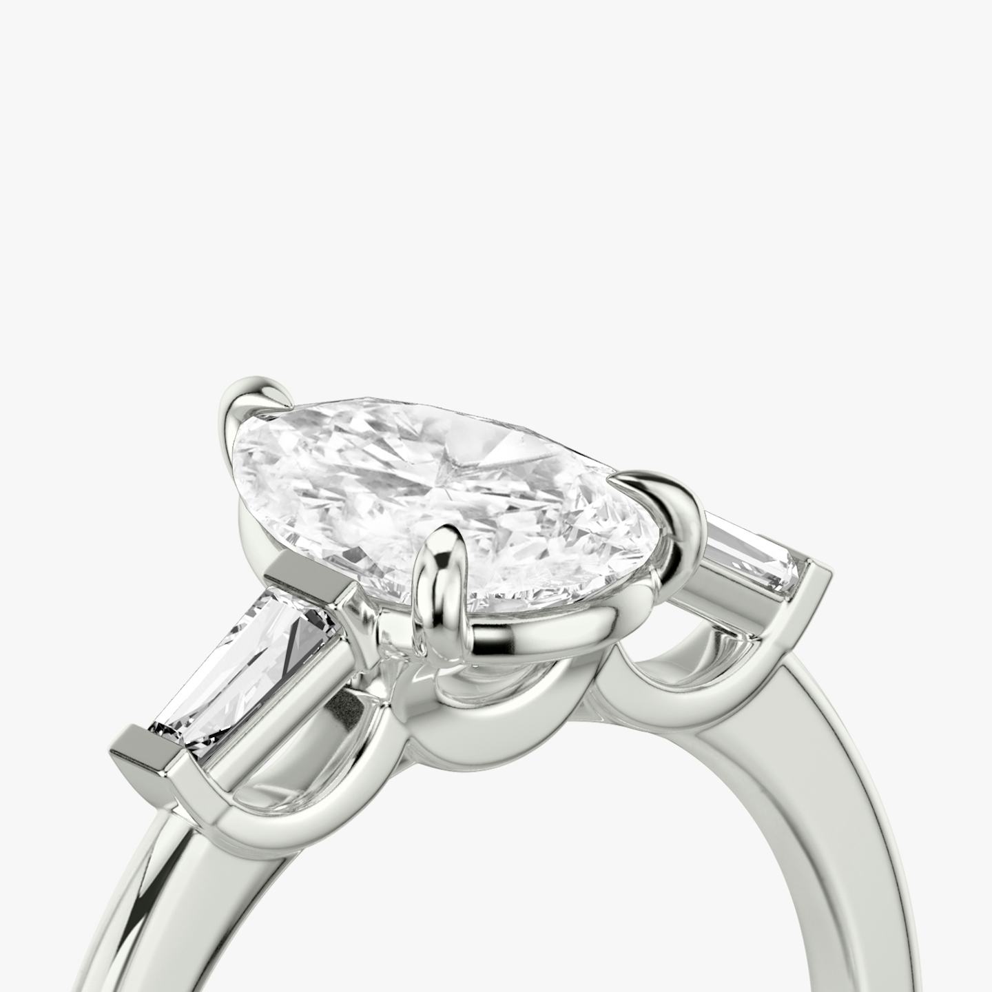 The Three Stone | Pear | 18k | 18k White Gold | Band: Plain | Side stone carat: 1/10 | Side stone shape: Tapered Baguette | Diamond orientation: vertical | Carat weight: See full inventory