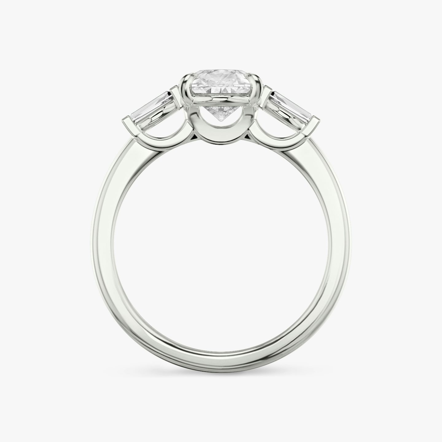 The Three Stone | Pear | Platinum | Band: Plain | Side stone carat: 1/10 | Side stone shape: Tapered Baguette | Diamond orientation: vertical | Carat weight: See full inventory