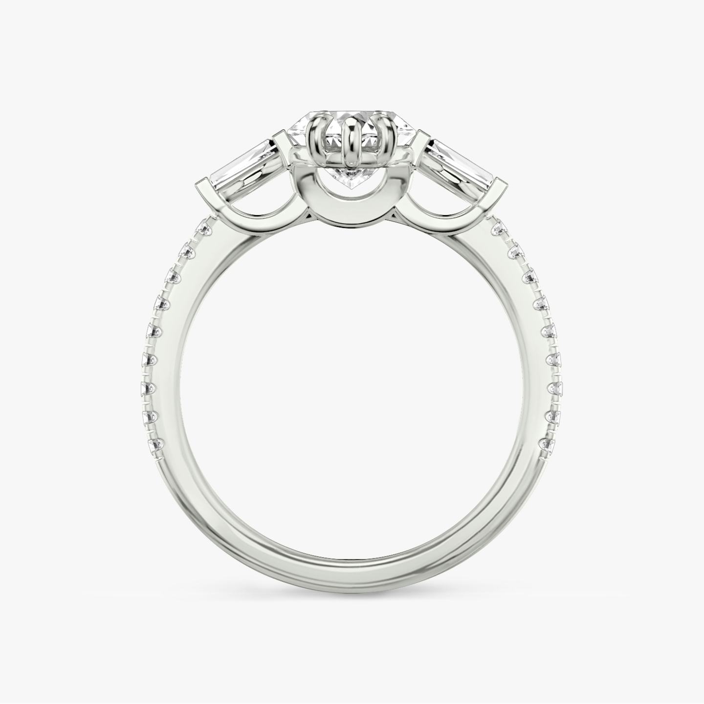 The Three Stone | Pavé Marquise | Platinum | Band: Pavé | Side stone carat: 1/10 | Side stone shape: Tapered Baguette | Diamond orientation: vertical | Carat weight: See full inventory