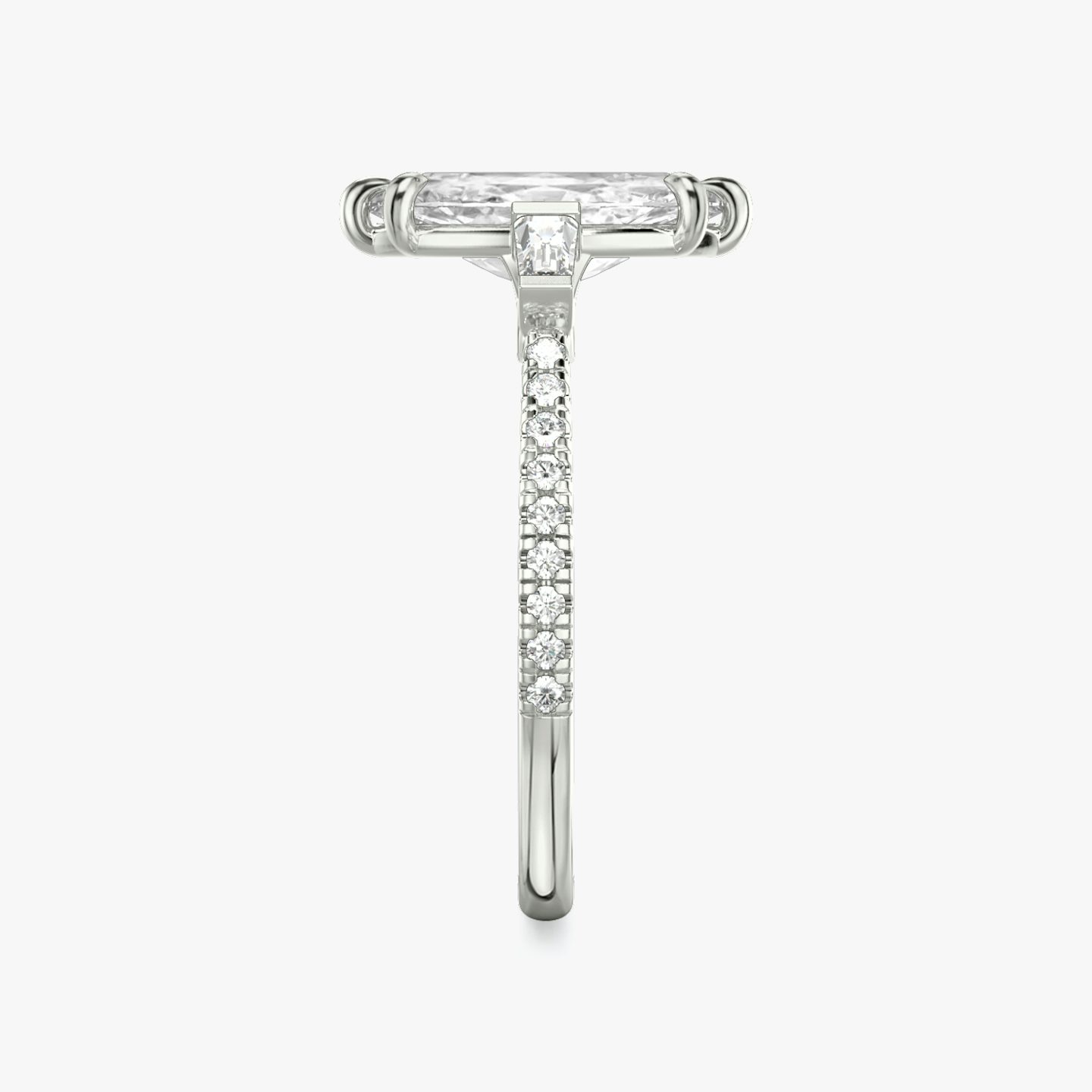 The Three Stone | Pavé Marquise | 18k | 18k White Gold | Band: Pavé | Side stone carat: 1/10 | Side stone shape: Tapered Baguette | Diamond orientation: vertical | Carat weight: See full inventory