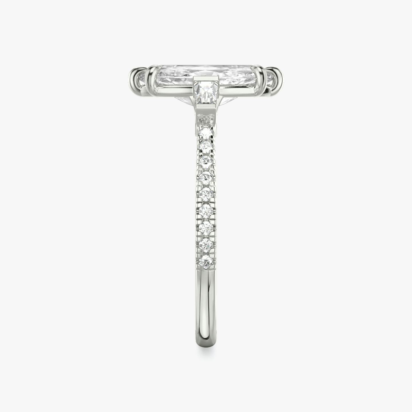 The Three Stone | Pavé Marquise | Platinum | Band: Pavé | Side stone carat: 1/10 | Side stone shape: Tapered Baguette | Diamond orientation: vertical | Carat weight: See full inventory