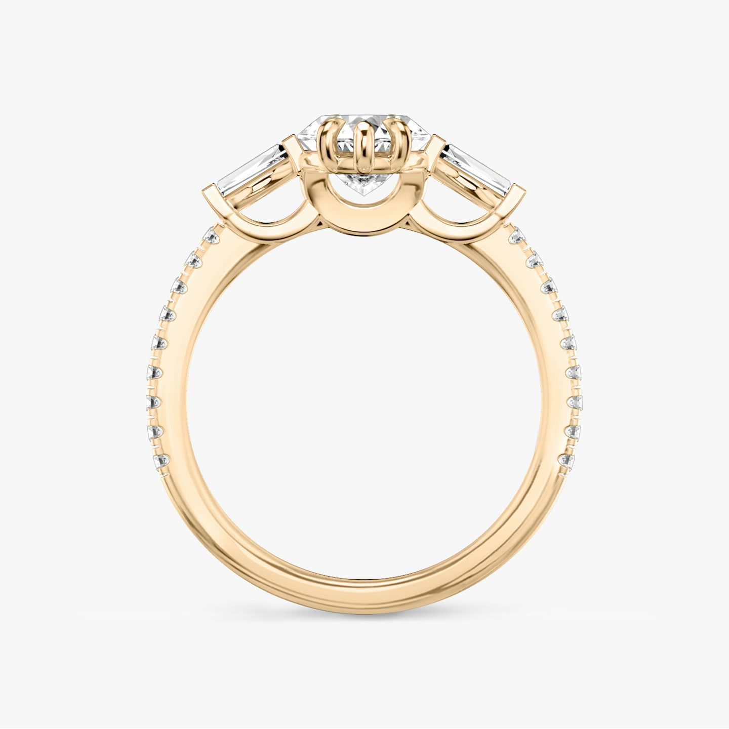 The Three Stone | Pavé Marquise | 14k | 14k Rose Gold | Band: Pavé | Side stone carat: 1/10 | Side stone shape: Tapered Baguette | Diamond orientation: vertical | Carat weight: See full inventory