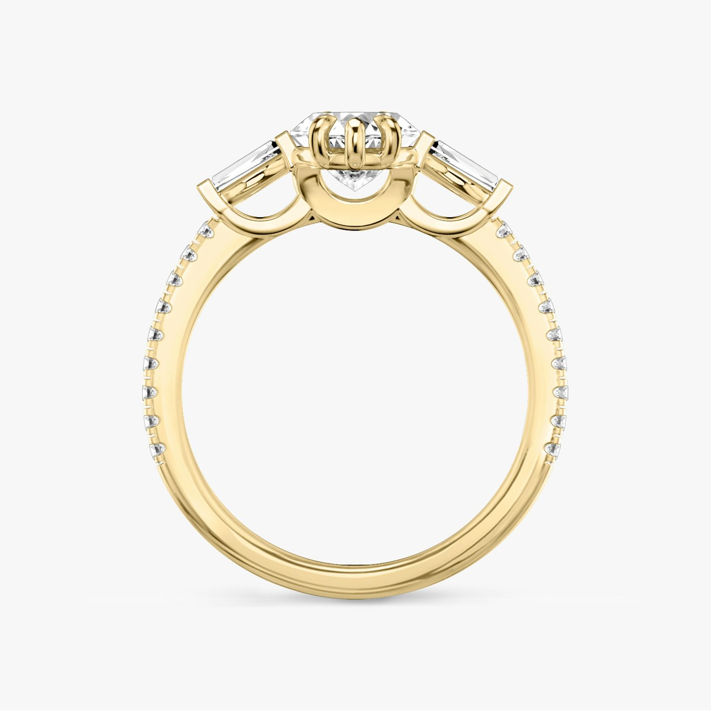 The Three Stone | Pavé Marquise | 18k | 18k Yellow Gold | Band: Pavé | Side stone carat: 1/10 | Side stone shape: Tapered Baguette | Diamond orientation: vertical | Carat weight: See full inventory