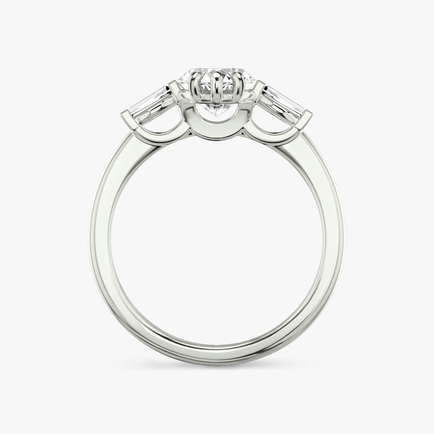 The Three Stone | Pavé Marquise | 18k | 18k White Gold | Band: Plain | Side stone carat: 1/10 | Side stone shape: Tapered Baguette | Diamond orientation: vertical | Carat weight: See full inventory