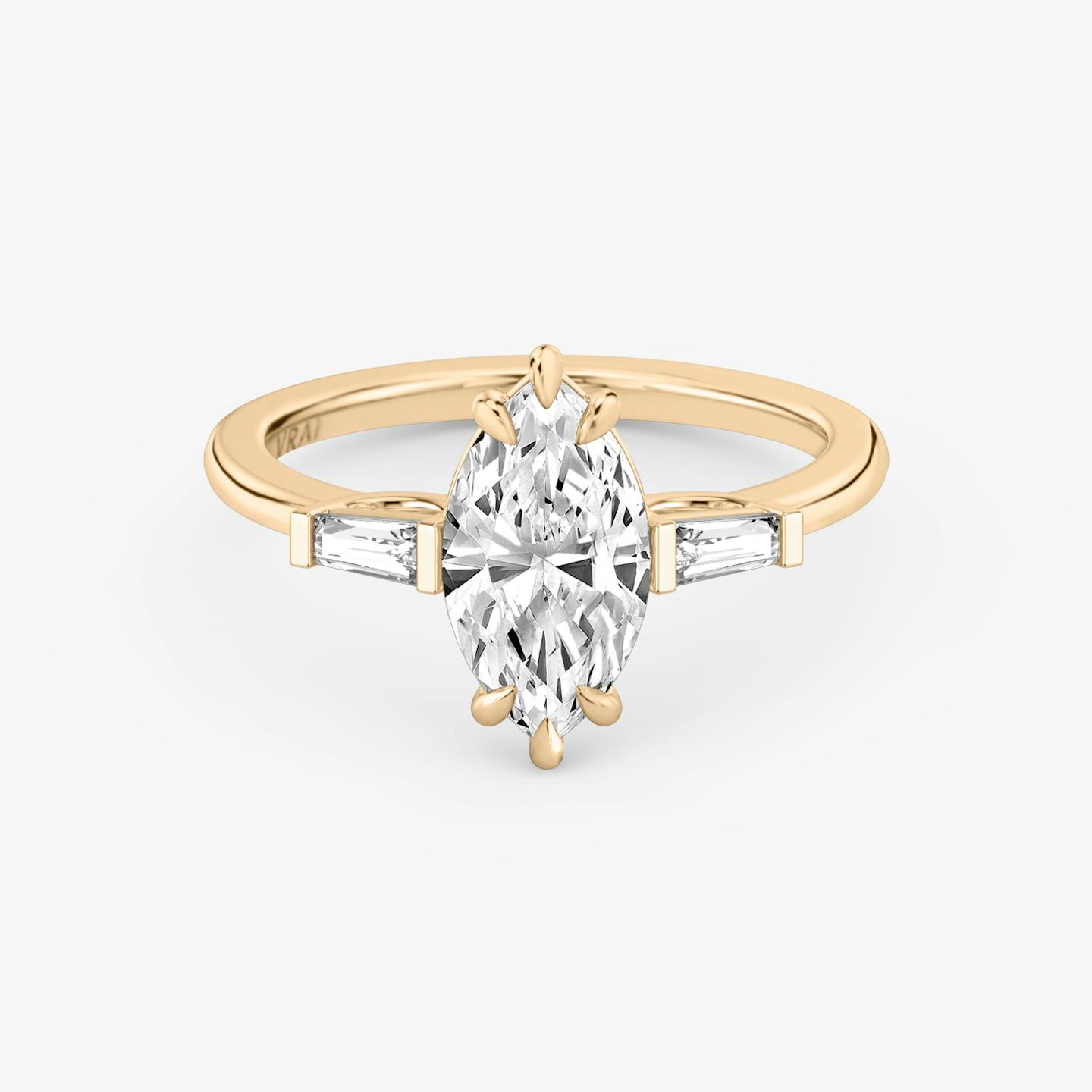 The Three Stone | Pavé Marquise | 14k | 14k Rose Gold | Band: Plain | Side stone carat: 1/10 | Side stone shape: Tapered Baguette | Diamond orientation: vertical | Carat weight: See full inventory