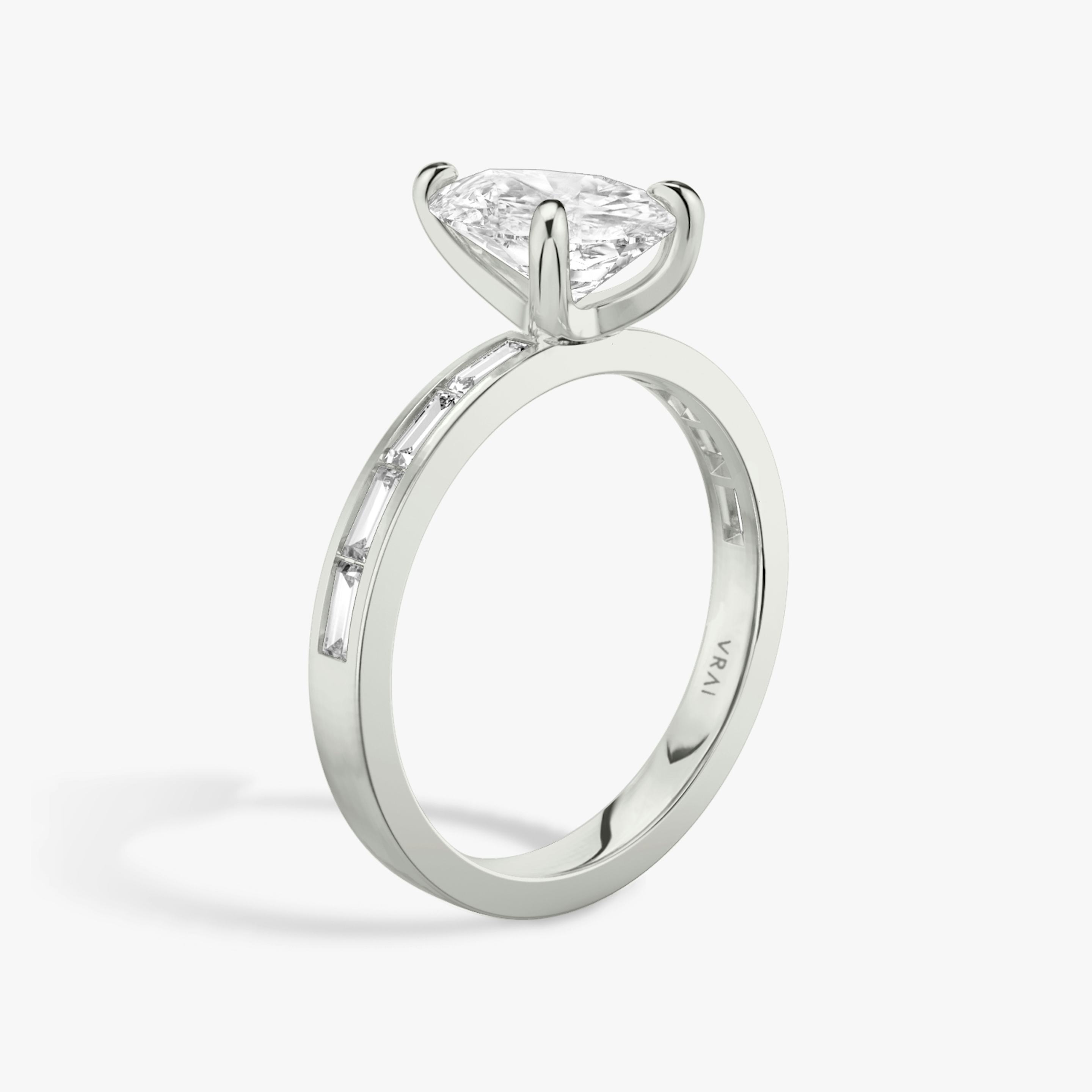 The Devotion | Pear | Platinum | Band stone shape: Baguette | Band: Original | Diamond orientation: vertical | Carat weight: See full inventory