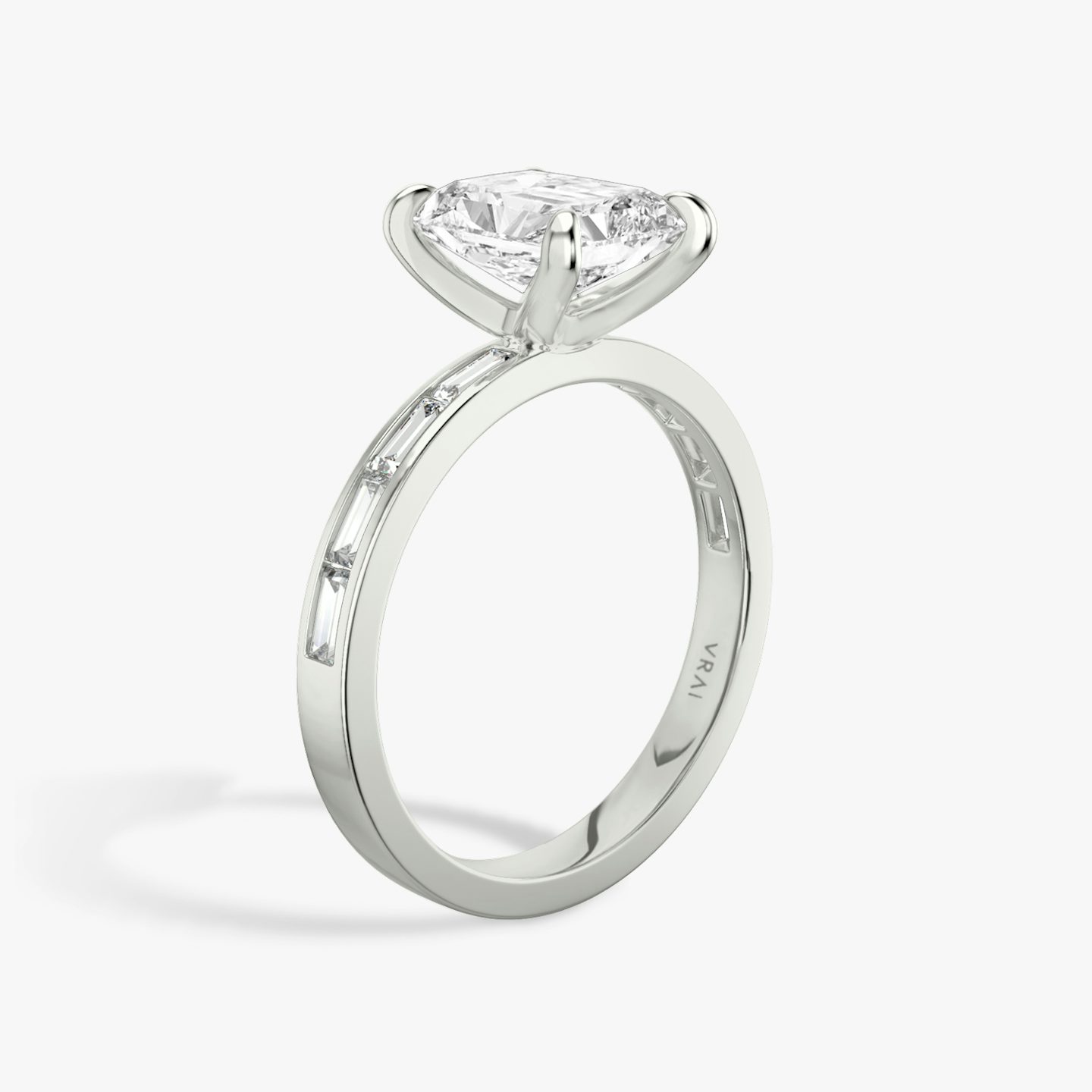 The Devotion | Radiant | Platinum | Band: Pavé | Band stone shape: Baguette | Band: Original | Diamond orientation: vertical | Carat weight: See full inventory