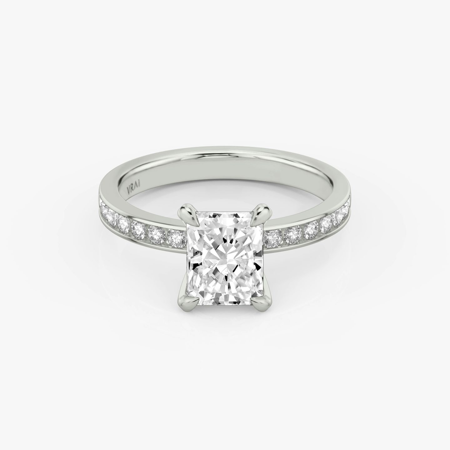 The Devotion | Radiant | Platinum | Band: Pavé | Band stone shape: Round Brilliant | Band: Large | Diamond orientation: vertical | Carat weight: See full inventory