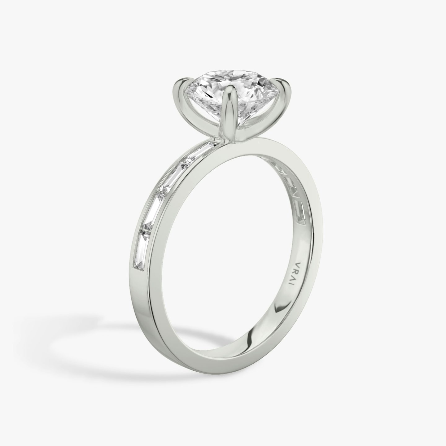 The Devotion | Round Brilliant | Platinum | Band: Pavé | Band stone shape: Baguette | Band: Original | Carat weight: See full inventory | Diamond orientation: vertical