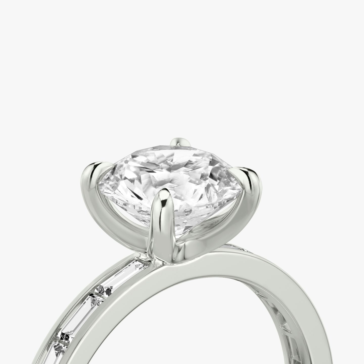 The Devotion | Round Brilliant | Platinum | Band: Pavé | Band stone shape: Baguette | Band: Original | Carat weight: See full inventory | Diamond orientation: vertical