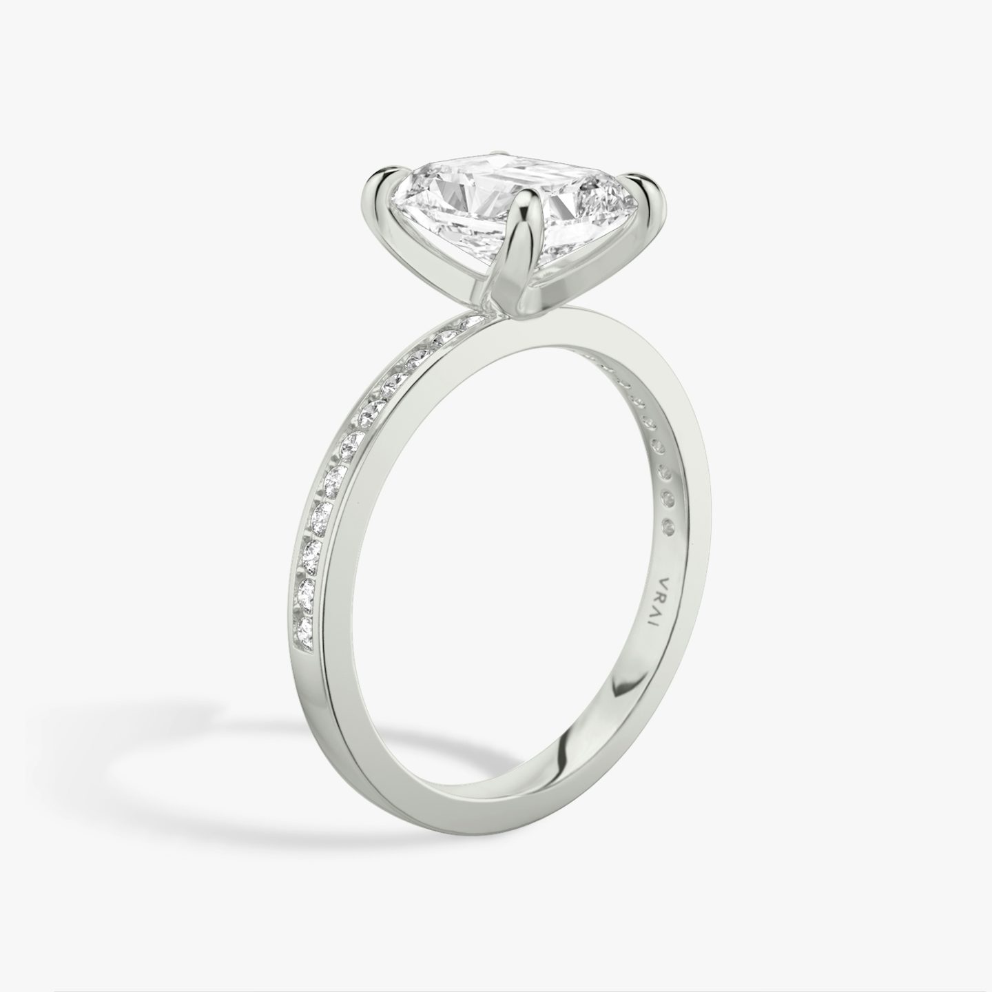 The Devotion | Radiant | Platinum | Band: Pavé | Band stone shape: Round Brilliant | Band: Original | Diamond orientation: vertical | Carat weight: See full inventory