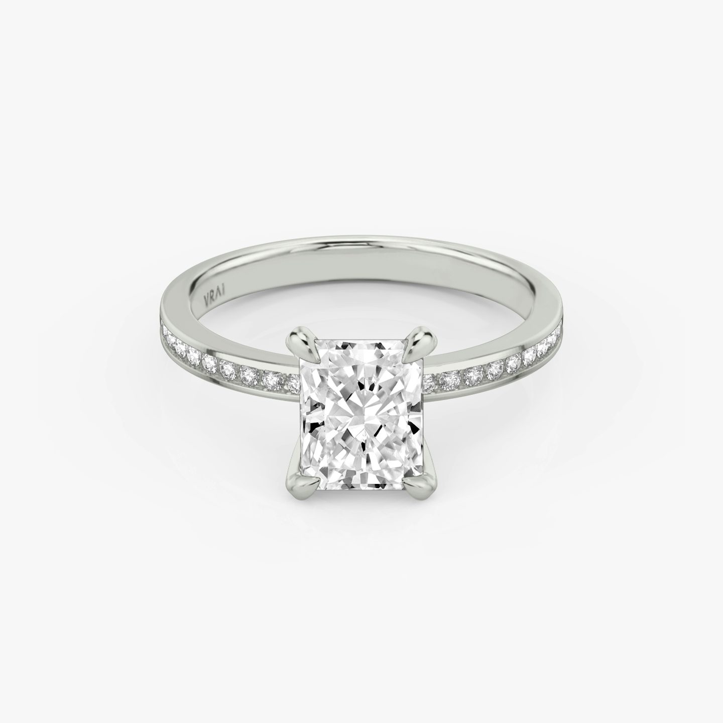 The Devotion | Radiant | Platinum | Band: Pavé | Band stone shape: Round Brilliant | Band: Original | Diamond orientation: vertical | Carat weight: See full inventory