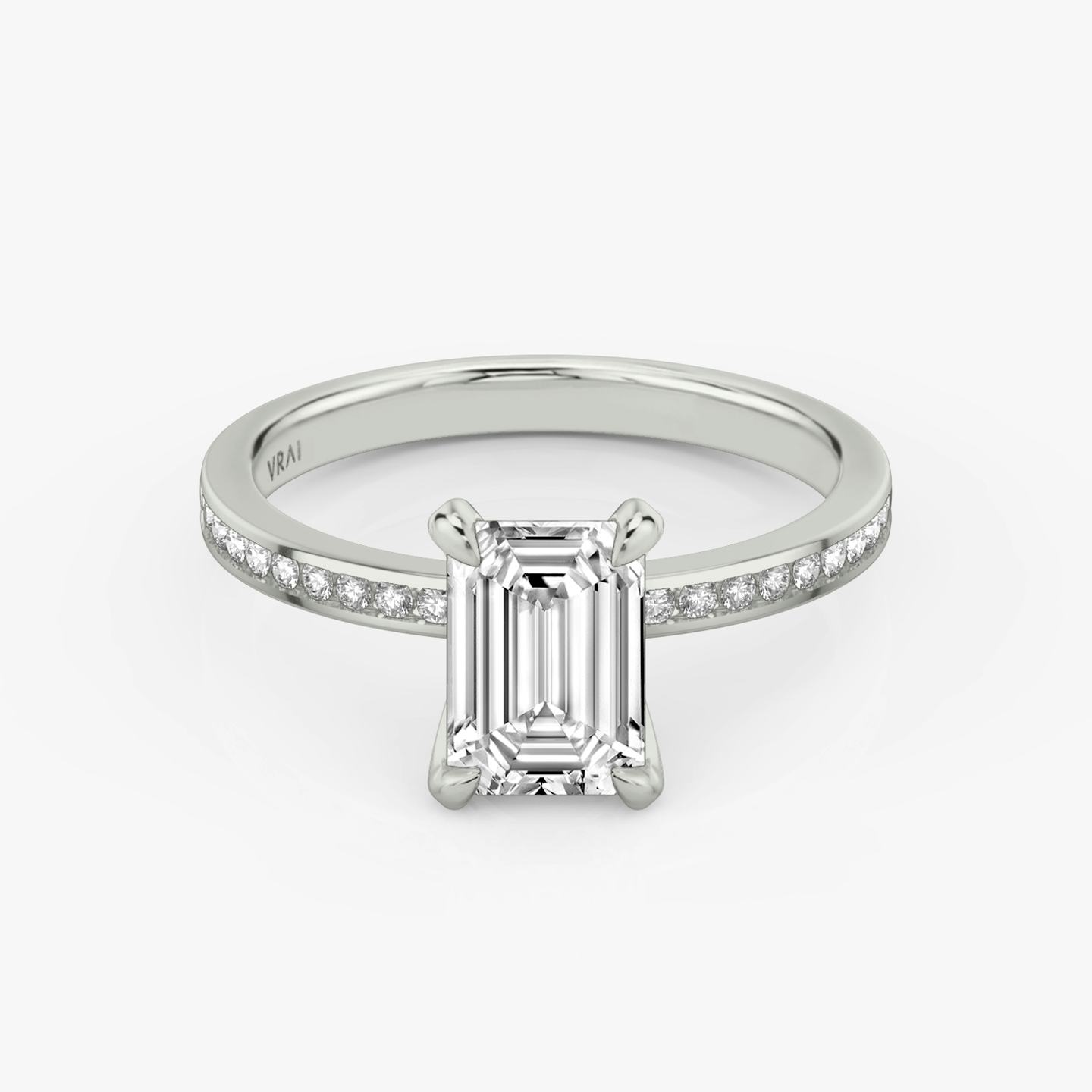 The Devotion | Emerald | Platinum | Band stone shape: Round Brilliant | Band: Original | Diamond orientation: vertical | Carat weight: See full inventory