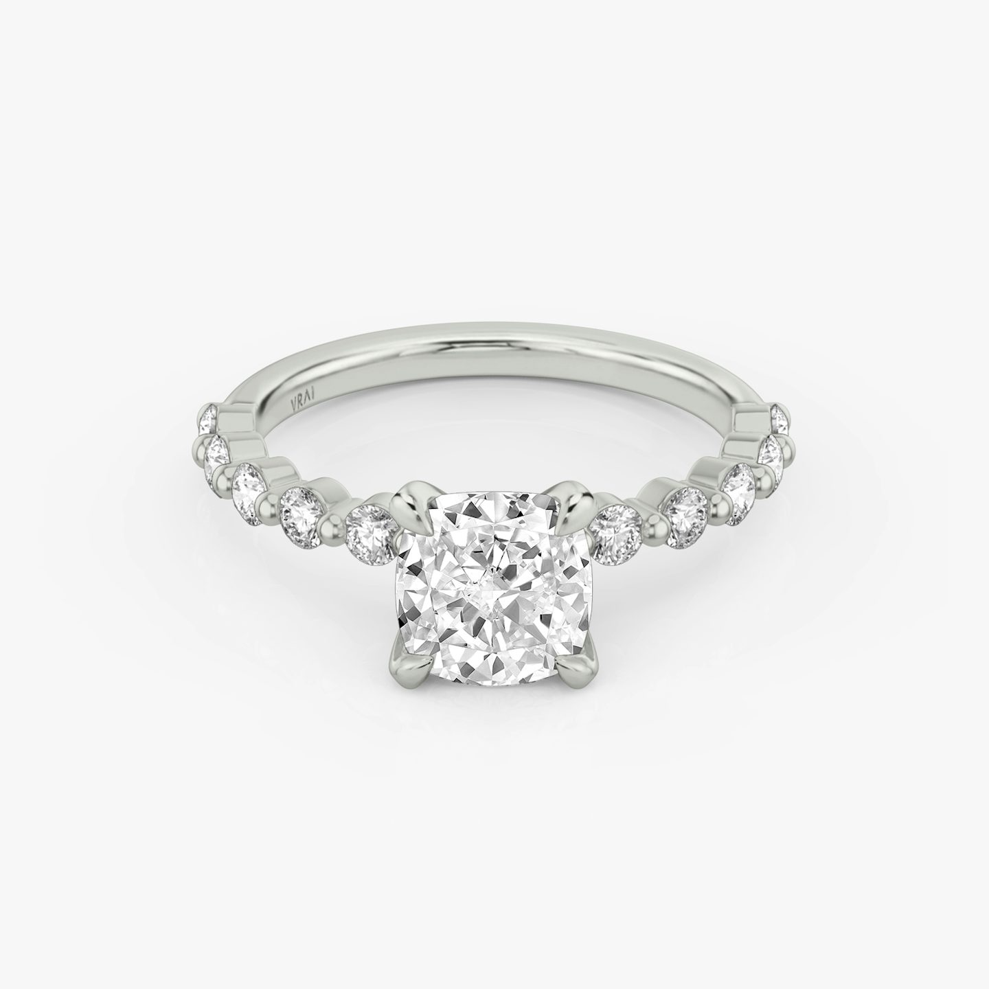 The Single Shared Prong | Pavé Cushion | 18k | 18k White Gold | Band: Plain | Band: Large | Diamond orientation: vertical | Carat weight: See full inventory