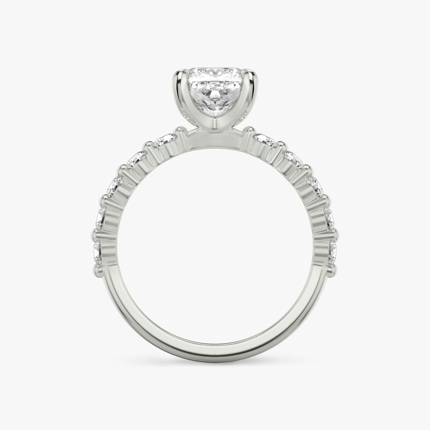 The Single Shared Prong | Pavé Cushion | Platinum | Band: Plain | Band: Large | Diamond orientation: vertical | Carat weight: See full inventory