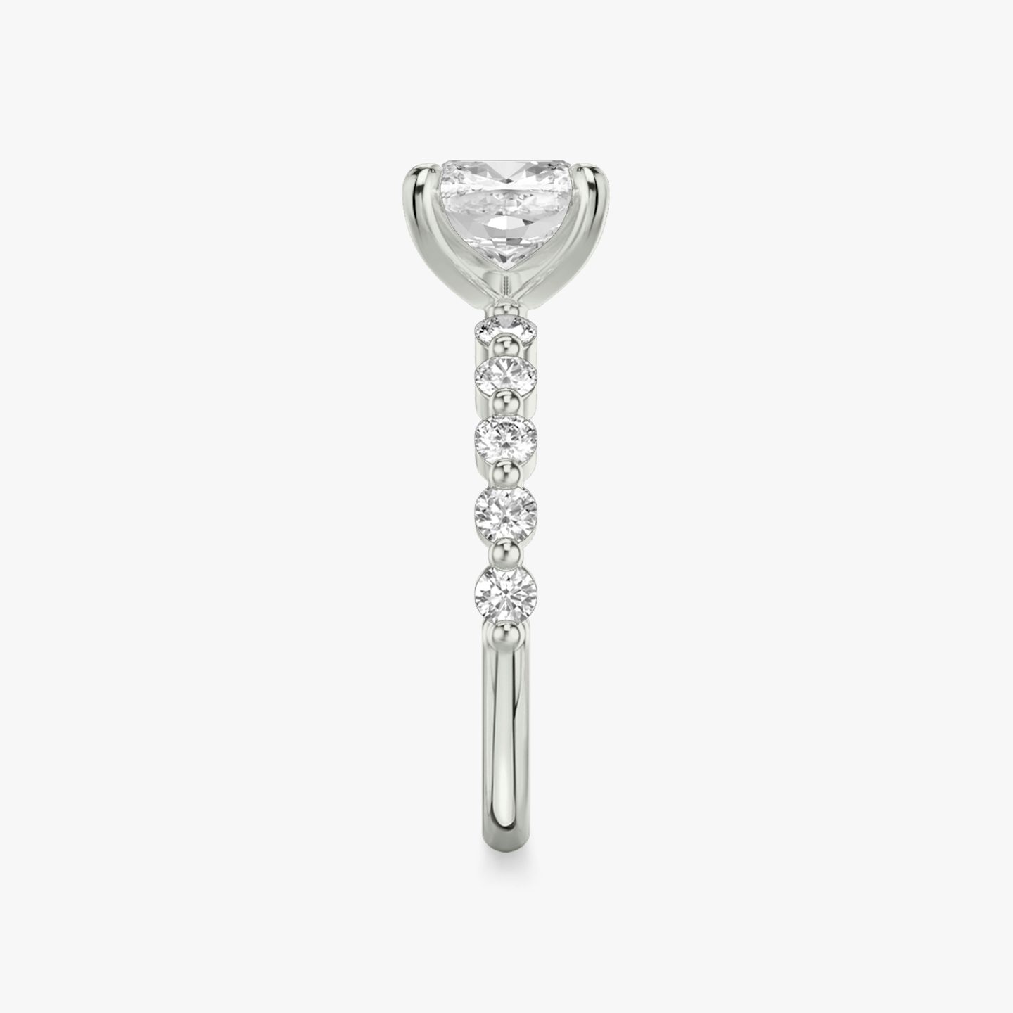 The Single Shared Prong | Pavé Cushion | 18k | 18k White Gold | Band: Large | Diamond orientation: vertical | Carat weight: See full inventory