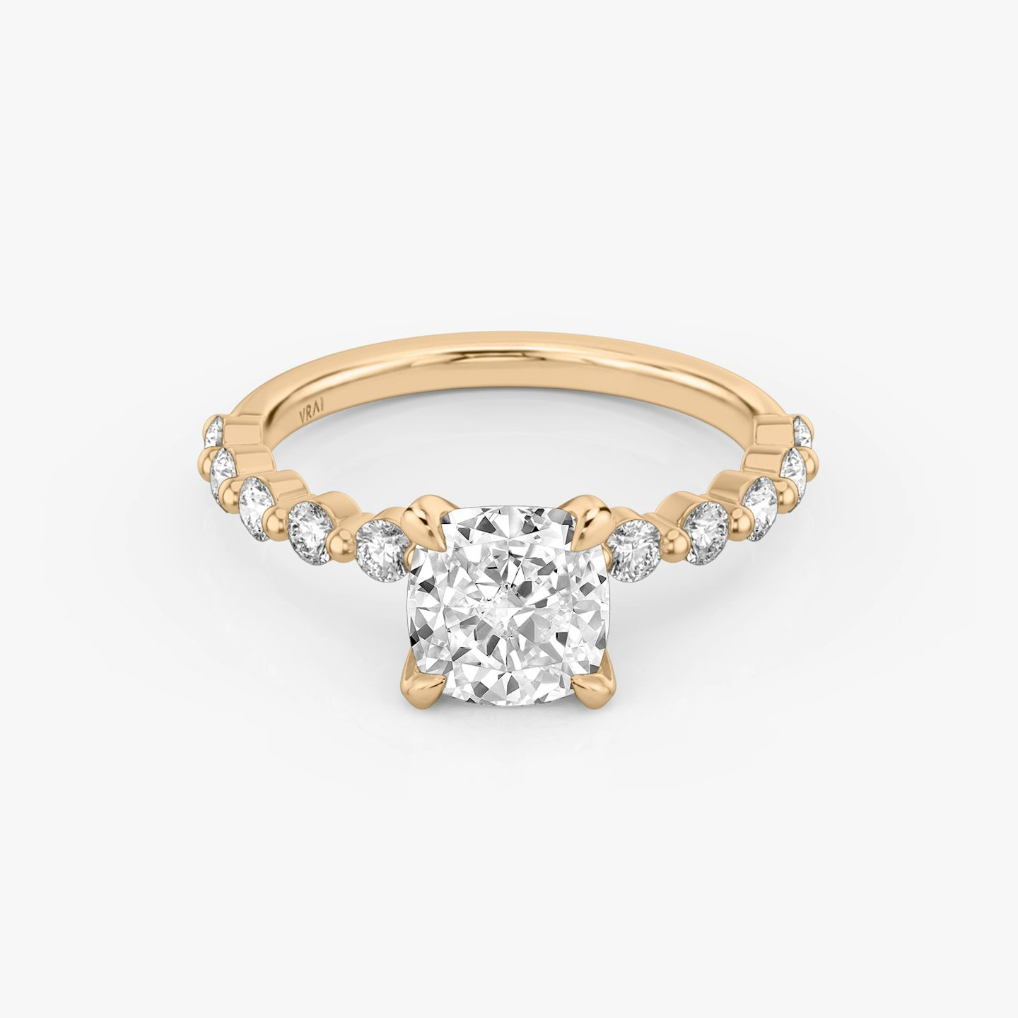 The Single Shared Prong | Pavé Cushion | 14k | 14k Rose Gold | Band: Plain | Band: Large | Diamond orientation: vertical | Carat weight: See full inventory