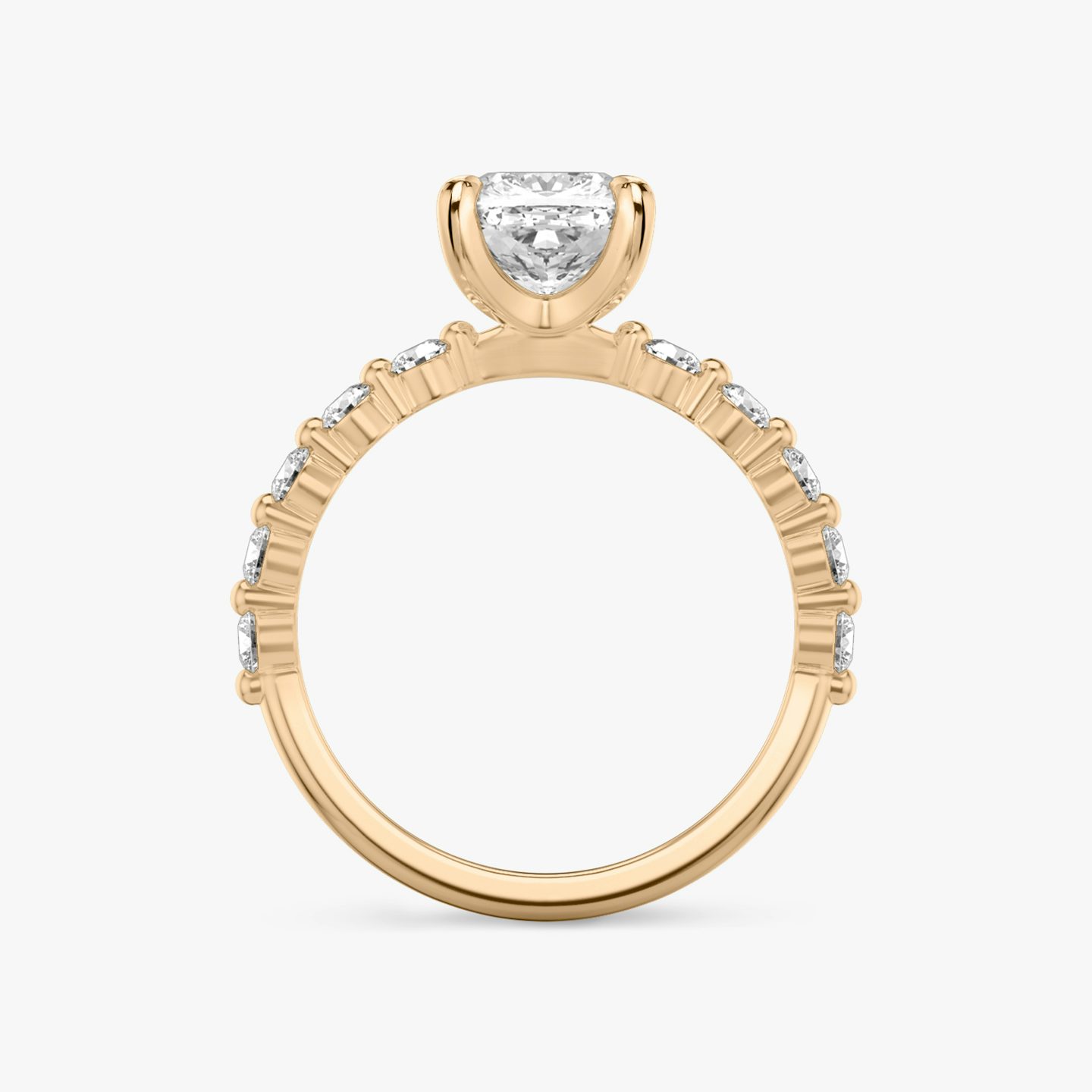 The Single Shared Prong | Pavé Cushion | 14k | 14k Rose Gold | Band: Large | Diamond orientation: vertical | Carat weight: See full inventory
