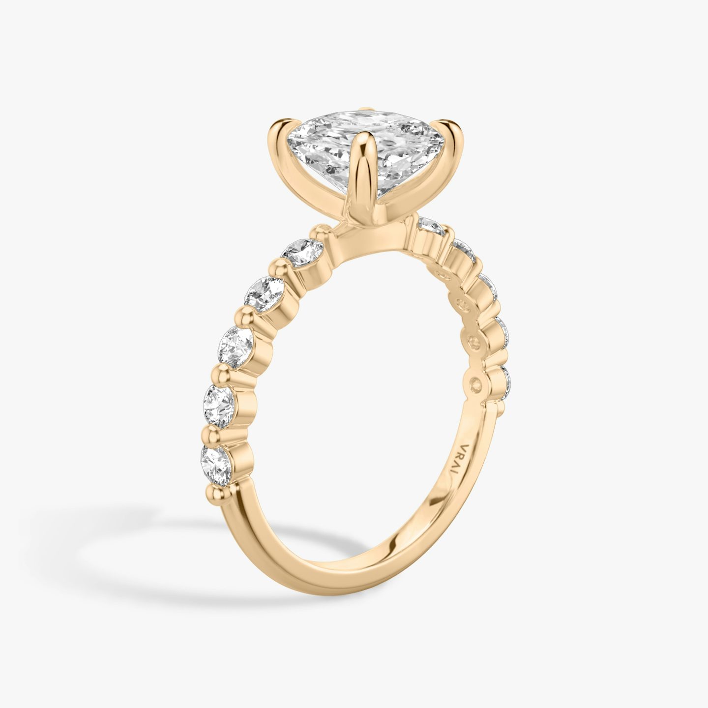 The Single Shared Prong | Pavé Cushion | 14k | 14k Rose Gold | Band: Plain | Band: Large | Diamond orientation: vertical | Carat weight: See full inventory
