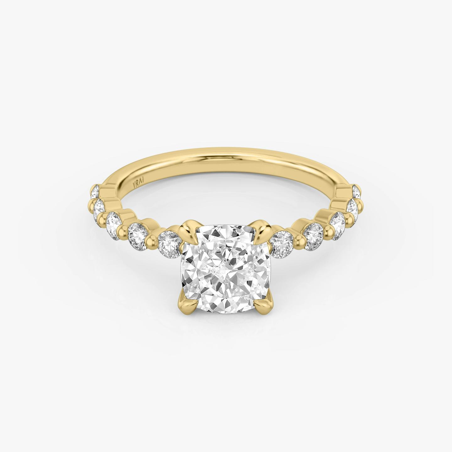 The Single Shared Prong | Pavé Cushion | 18k | 18k Yellow Gold | Band: Large | Diamond orientation: vertical | Carat weight: See full inventory