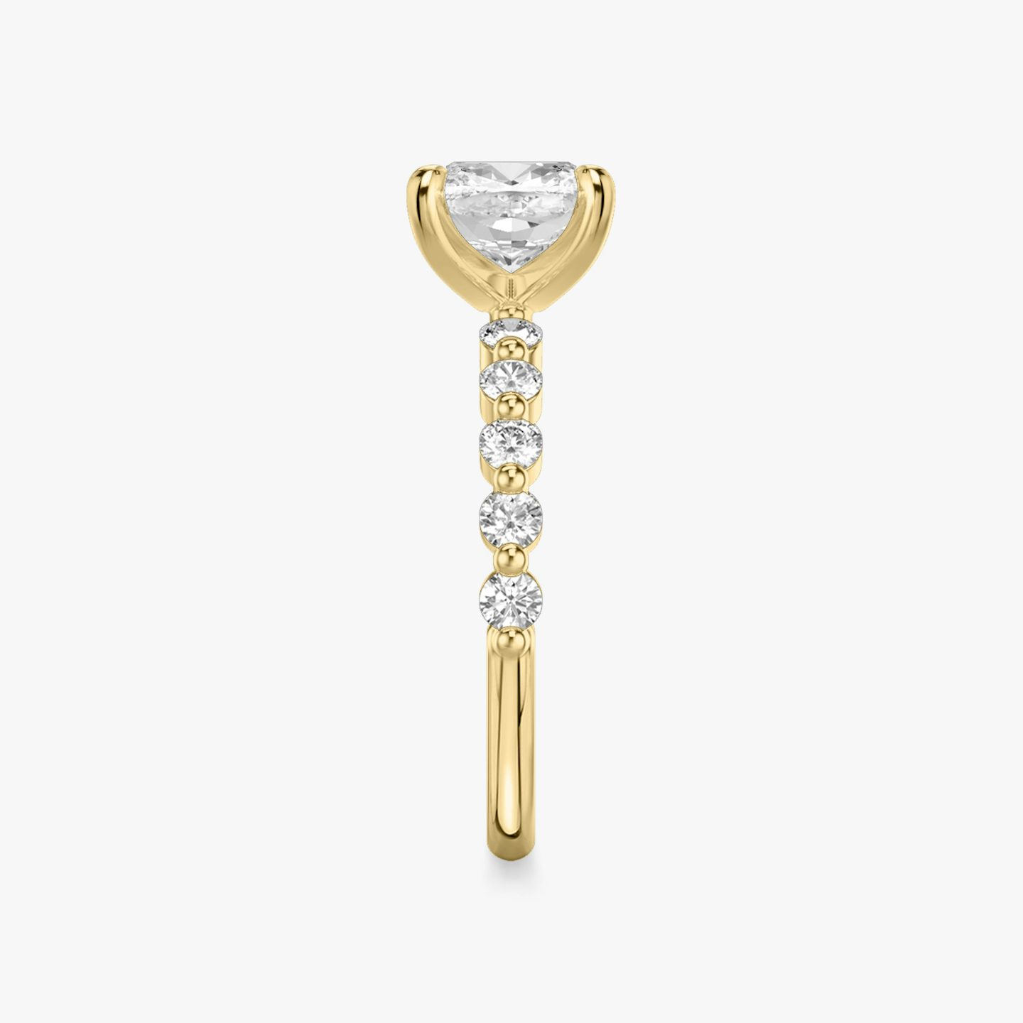 The Single Shared Prong | Pavé Cushion | 18k | 18k Yellow Gold | Band: Plain | Band: Large | Diamond orientation: vertical | Carat weight: See full inventory