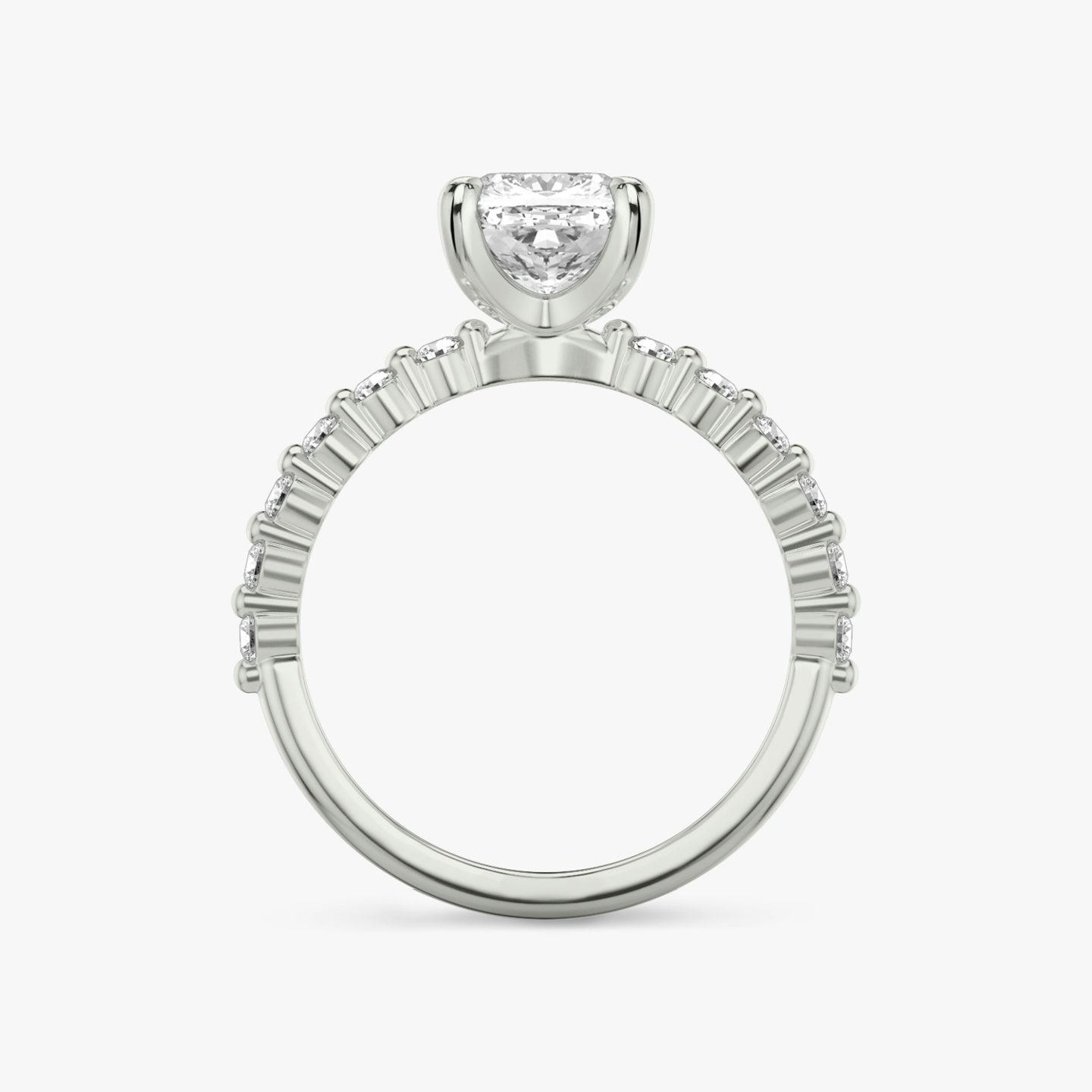 The Single Shared Prong | Pavé Cushion | Platinum | Band: Original | Diamond orientation: vertical | Carat weight: See full inventory
