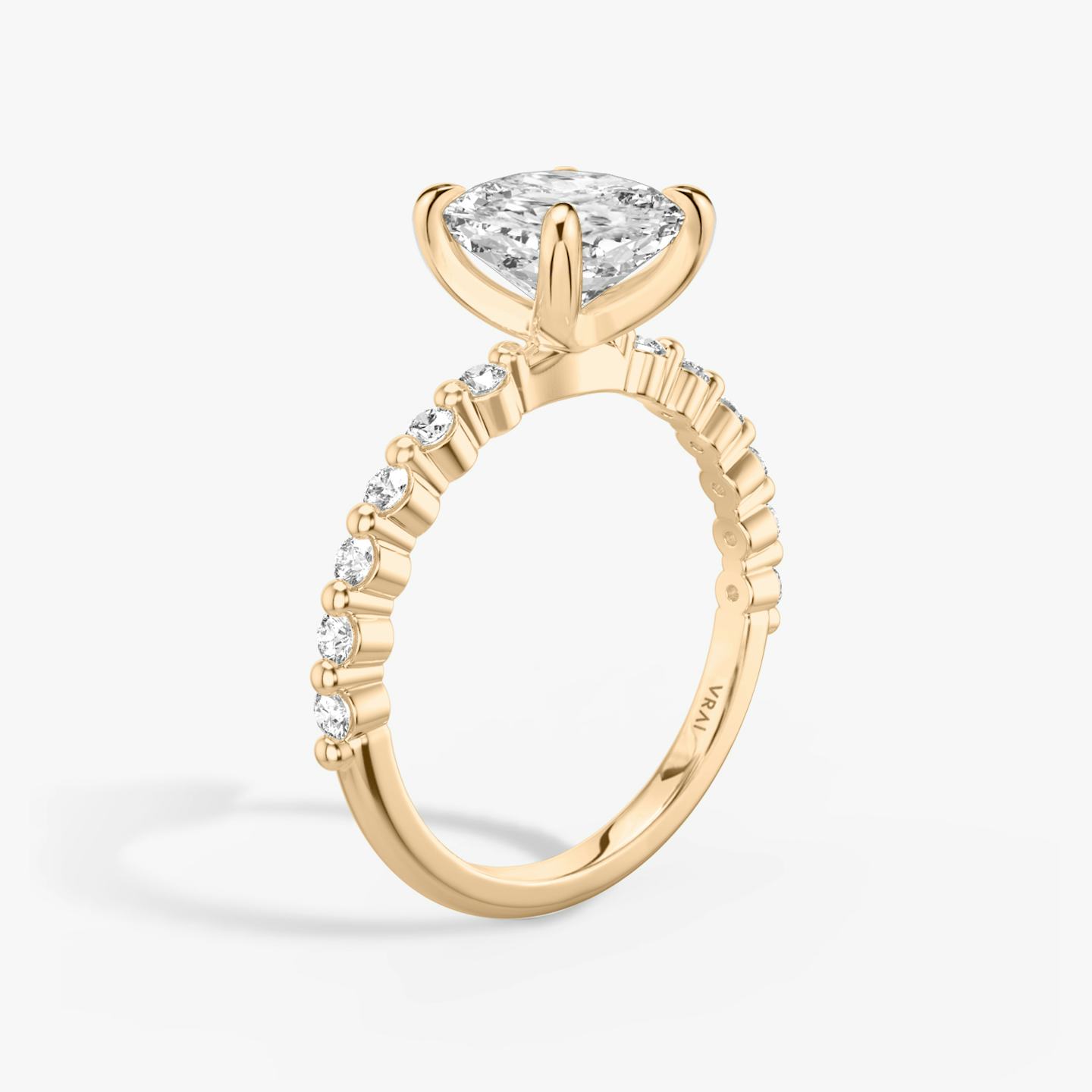 The Single Shared Prong | Pavé Cushion | 14k | 14k Rose Gold | Band: Original | Diamond orientation: vertical | Carat weight: See full inventory