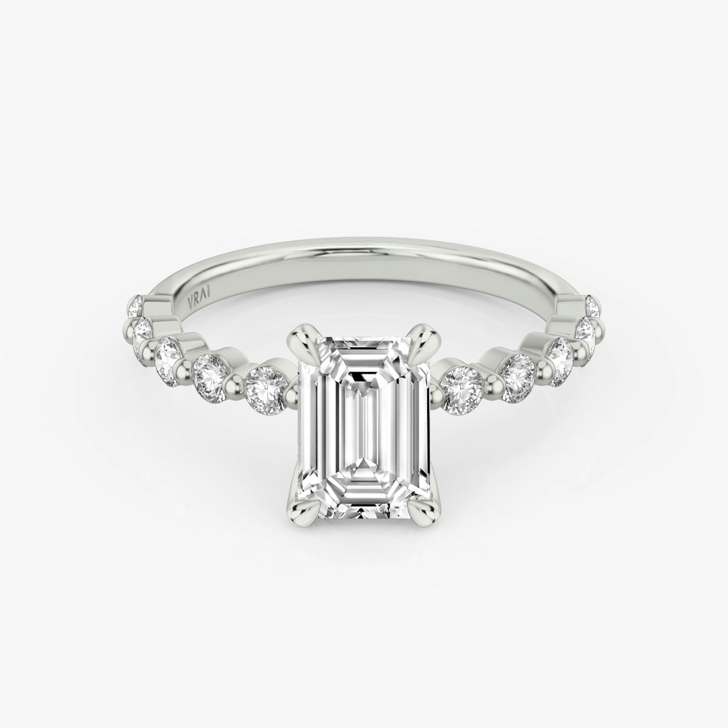 The Single Shared Prong | Emerald | Platinum | Band: Large | Diamond orientation: vertical | Carat weight: See full inventory