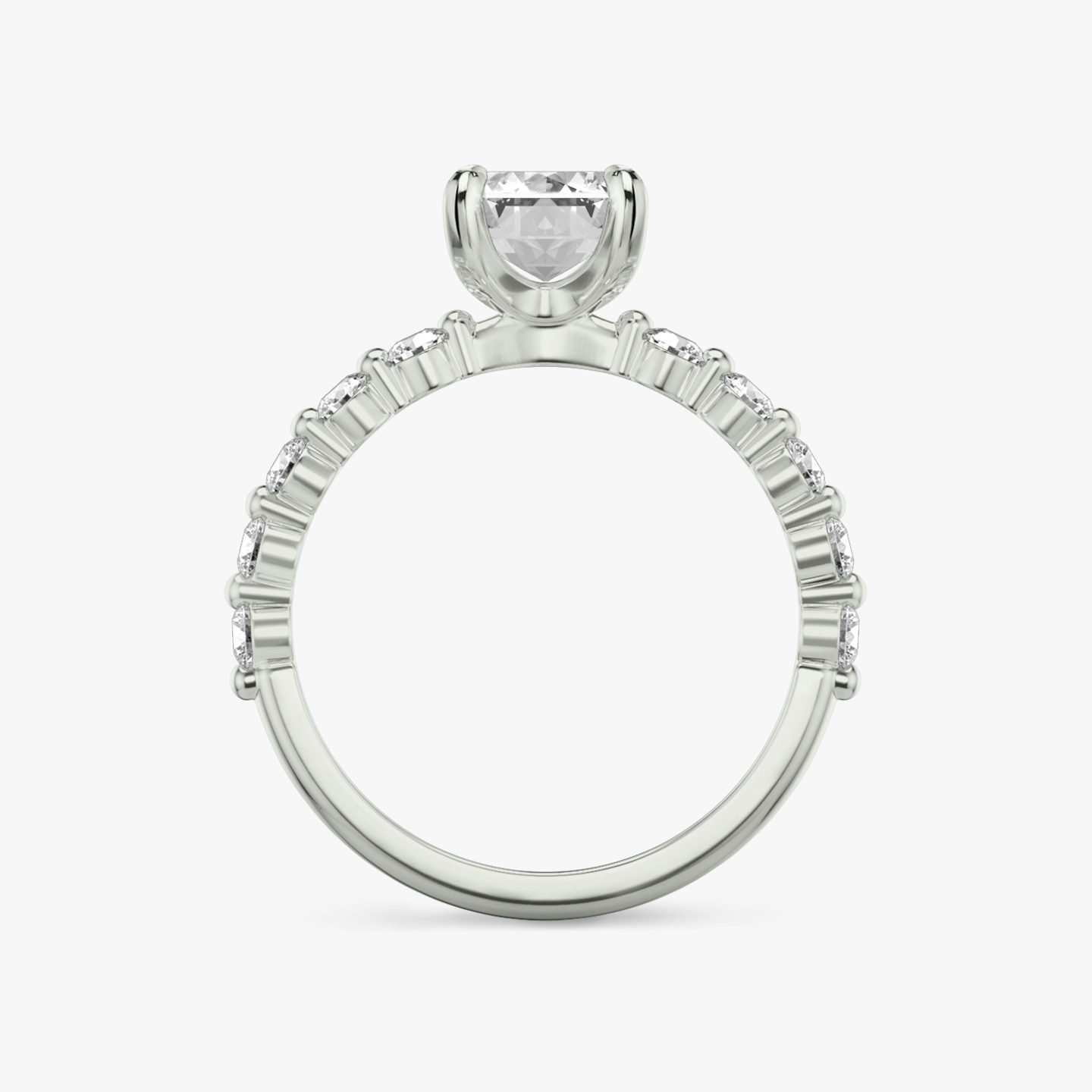 The Single Shared Prong | Emerald | Platinum | Band: Plain | Band: Large | Diamond orientation: vertical | Carat weight: See full inventory