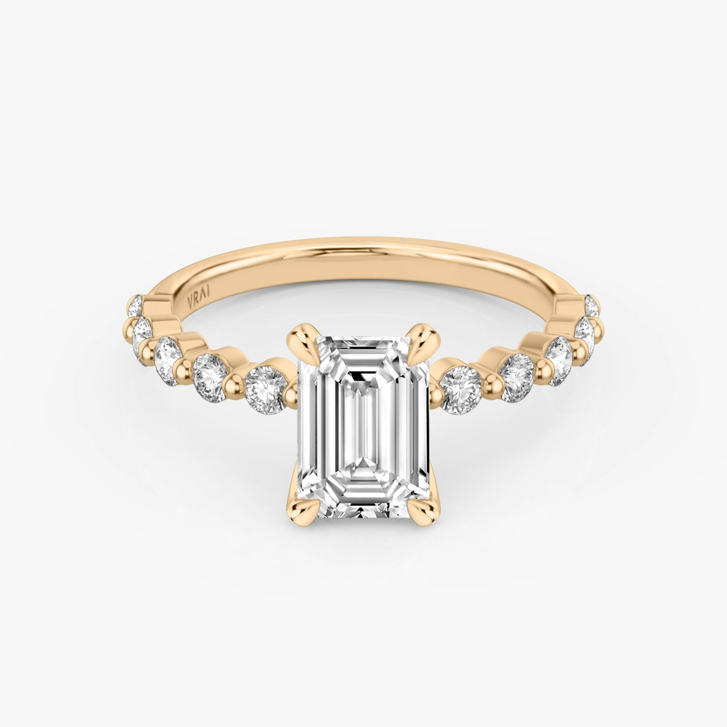 The Single Shared Prong | Emerald | 14k | 14k Rose Gold | Band: Plain | Band: Large | Diamond orientation: vertical | Carat weight: See full inventory