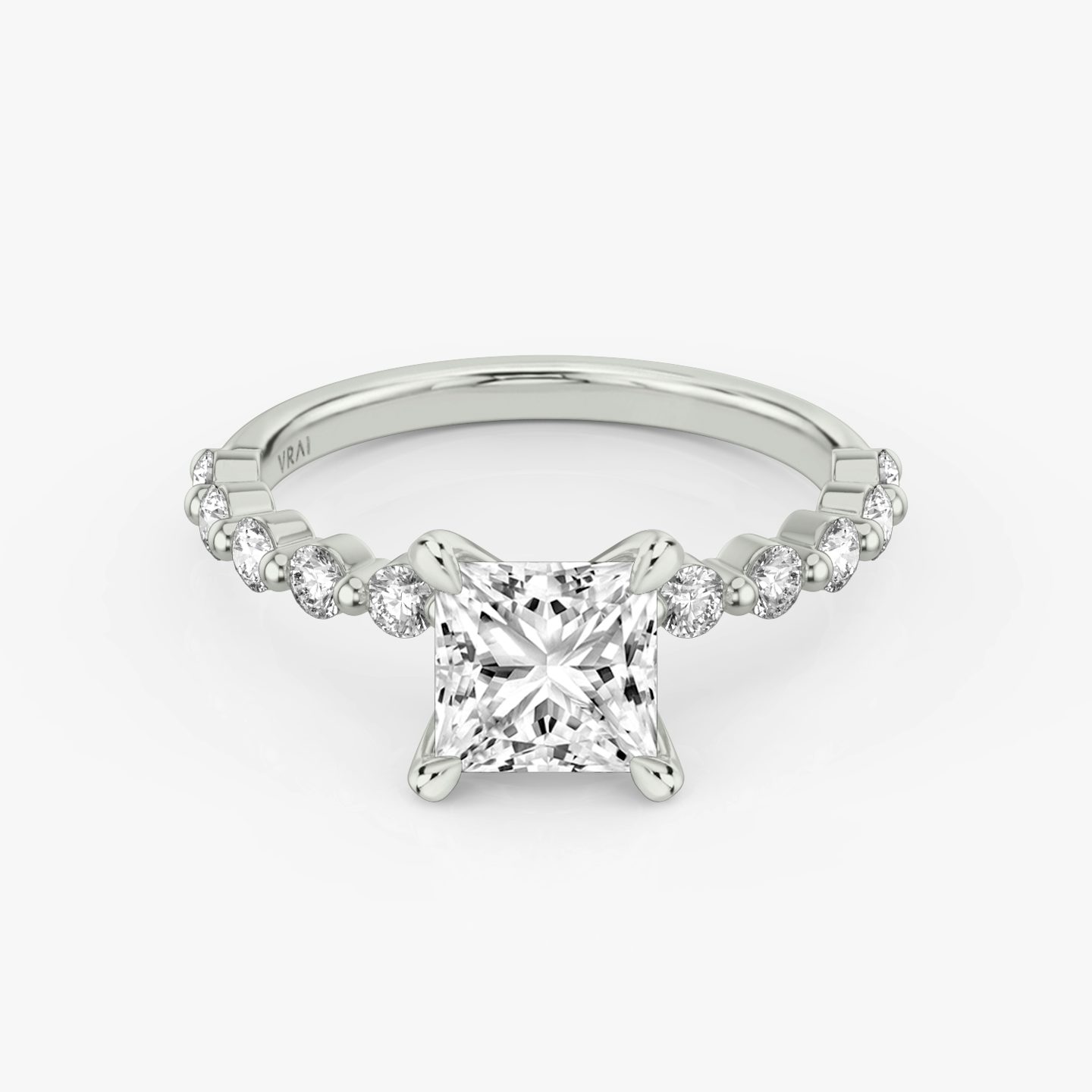 The Single Shared Prong | Princess | Platinum | Band: Plain | Band: Large | Diamond orientation: vertical | Carat weight: See full inventory