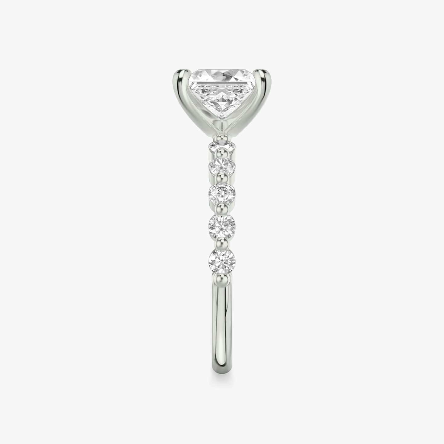 The Single Shared Prong | Princess | Platinum | Band: Plain | Band: Large | Diamond orientation: vertical | Carat weight: See full inventory