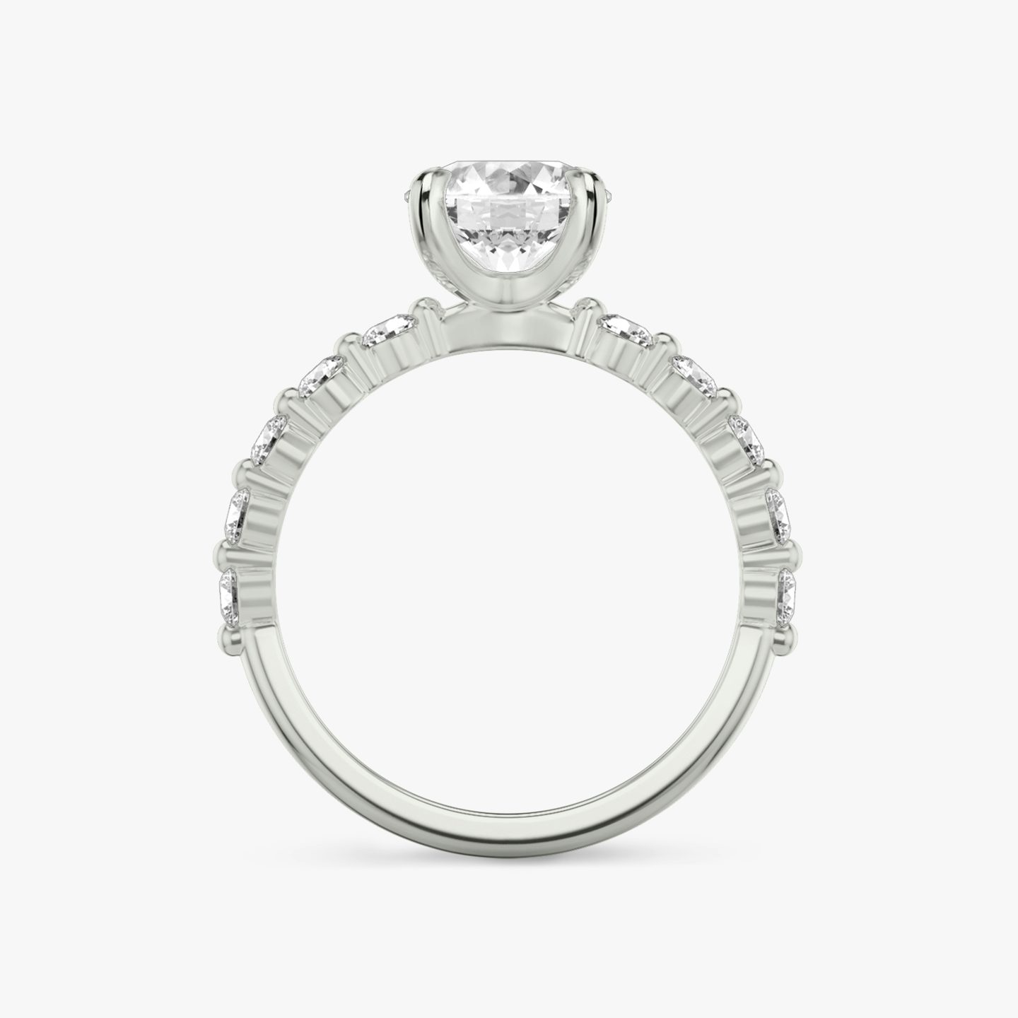 The Single Shared Prong | Round Brilliant | Platinum | Carat weight: 2 | Band: Large | Diamond orientation: vertical