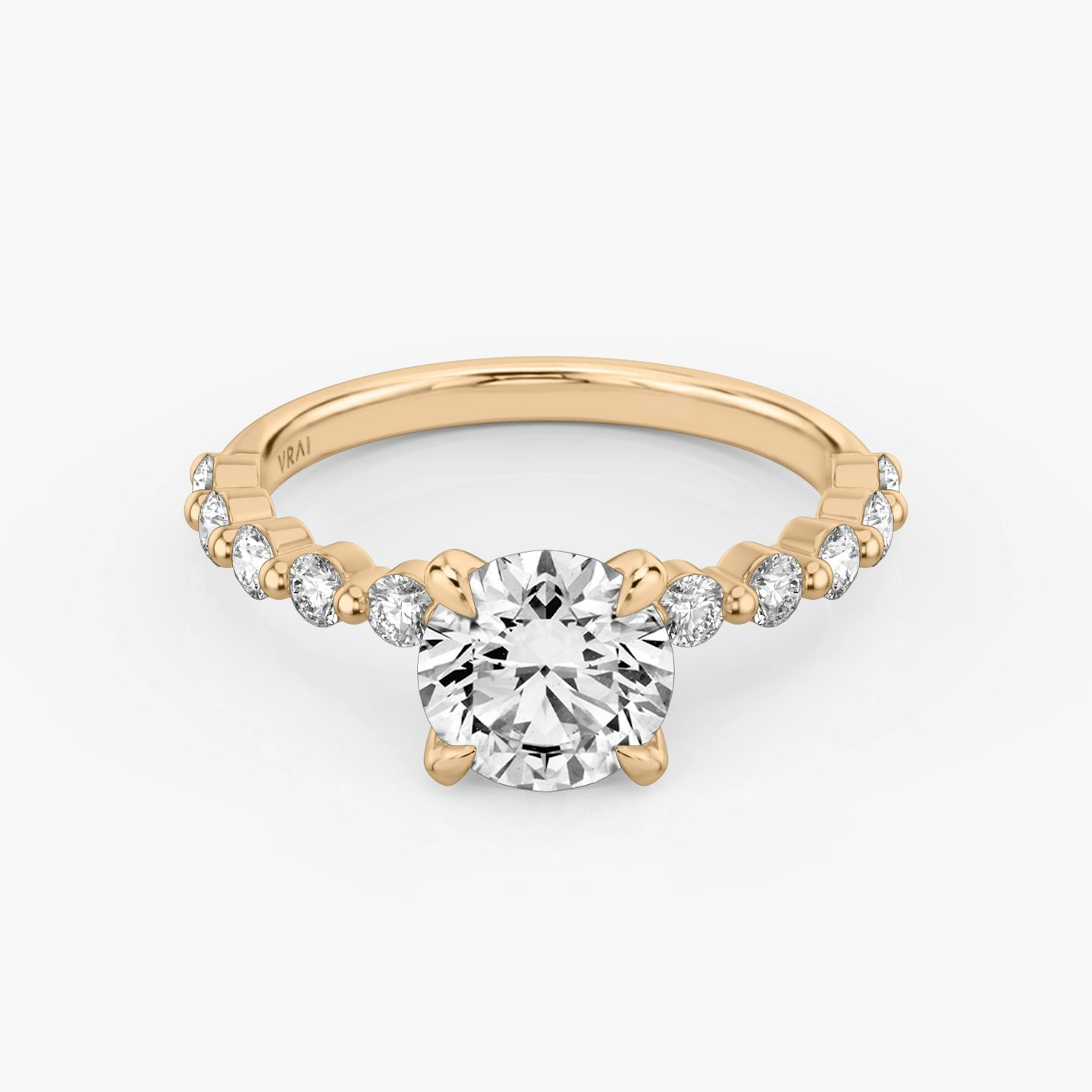 The Single Shared Prong | Round Brilliant | 14k | 14k Rose Gold | Band: Plain | Band: Large | Carat weight: 2 | Diamond orientation: vertical