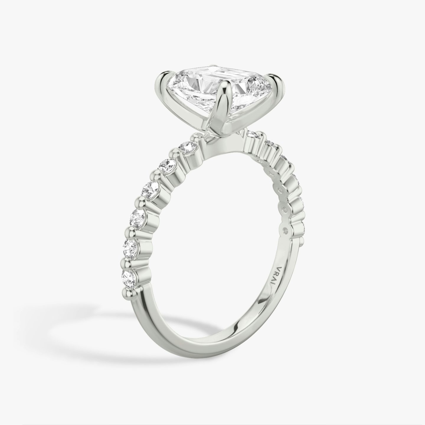The Single Shared Prong | Radiant | Platinum | Band: Plain | Band: Original | Diamond orientation: vertical | Carat weight: See full inventory