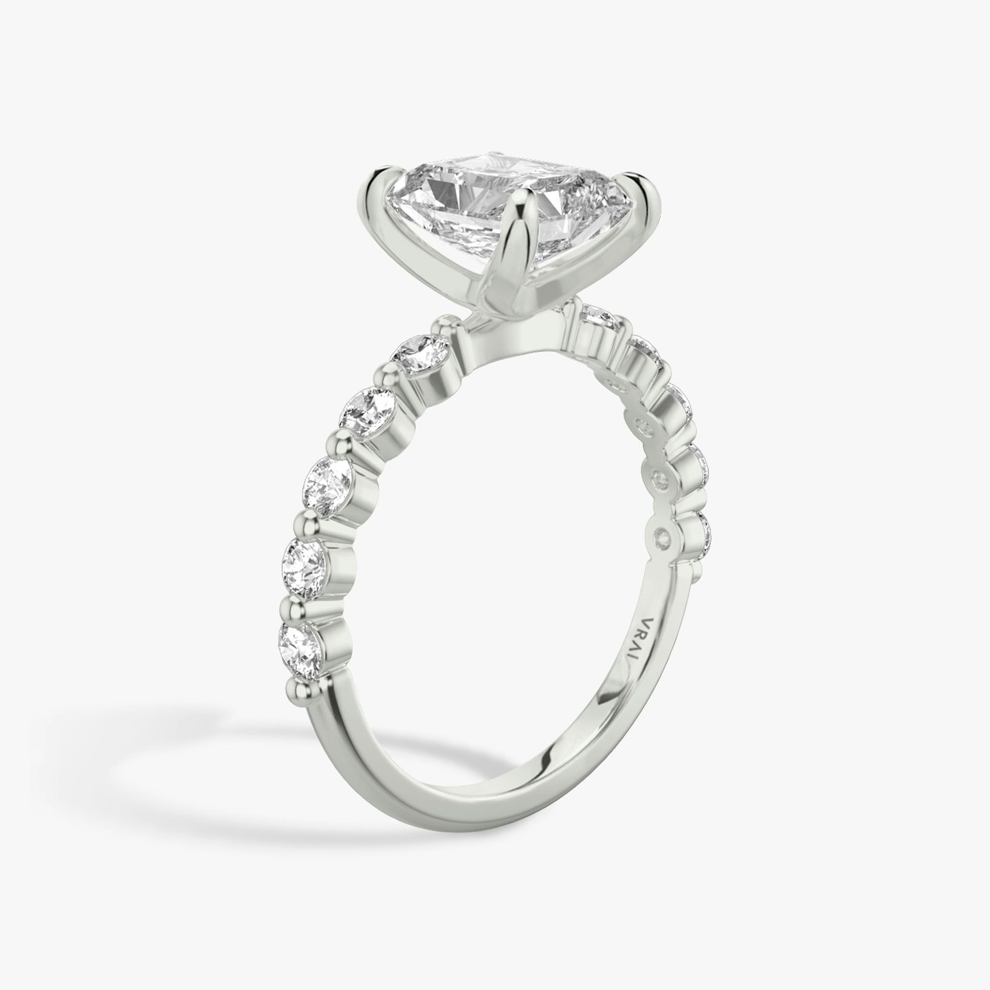 The Single Shared Prong | Radiant | Platinum | Band: Plain | Band: Large | Diamond orientation: vertical | Carat weight: See full inventory
