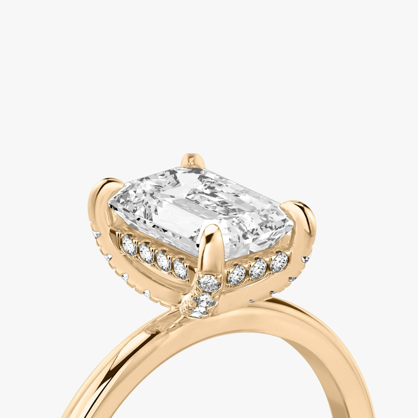 The Classic Hidden Halo | Emerald | 14k | 14k Rose Gold | Band: Plain | Prong style: Pavé | Diamond orientation: vertical | Carat weight: See full inventory