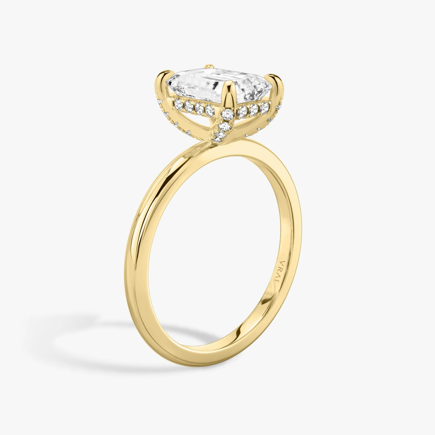 The Classic Hidden Halo | Emerald | 18k | 18k Yellow Gold | Band: Plain | Prong style: Pavé | Diamond orientation: vertical | Carat weight: See full inventory
