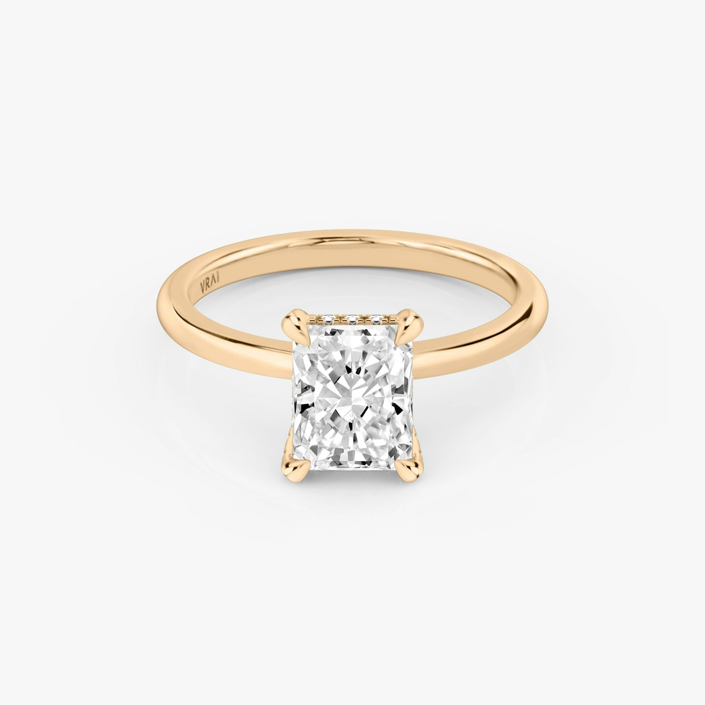 The Classic Hidden Halo | Radiant | 14k | 14k Rose Gold | Band: Plain | Prong style: Pavé | Diamond orientation: vertical | Carat weight: See full inventory