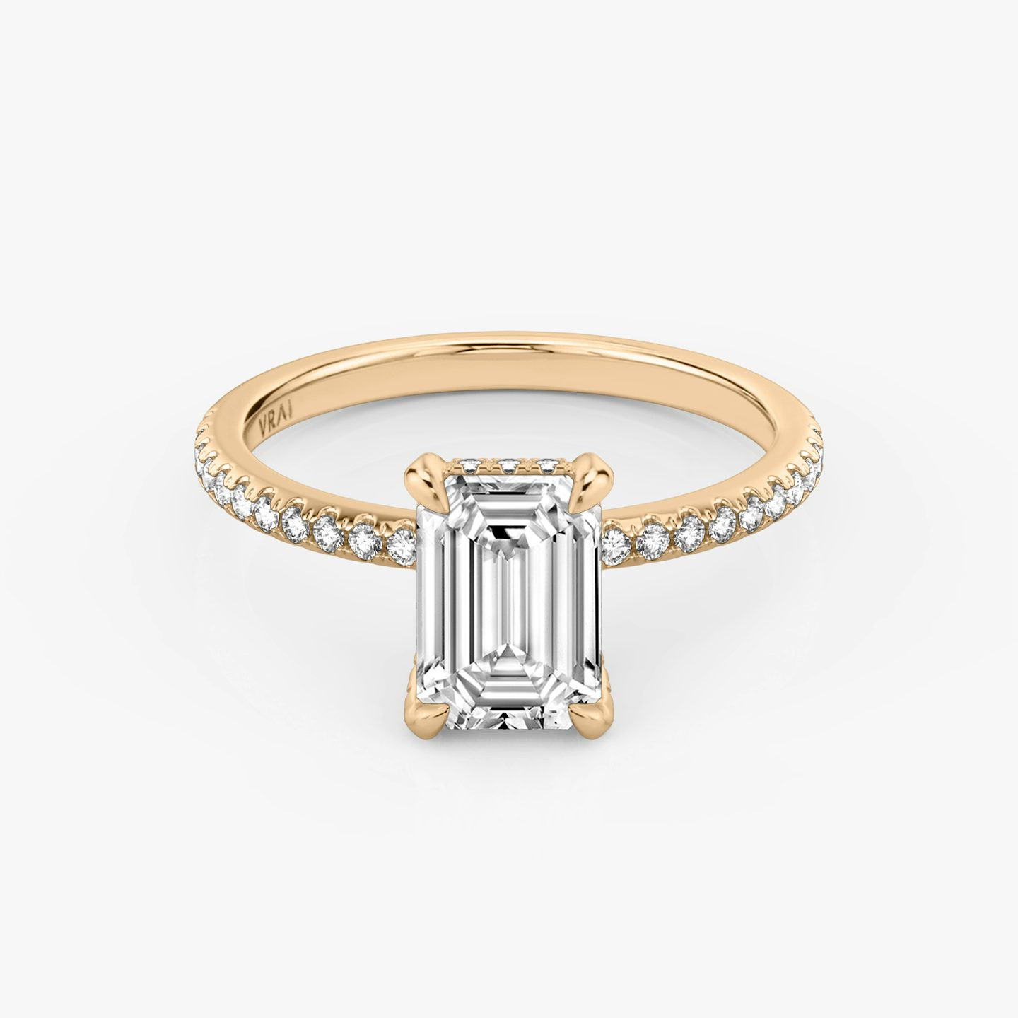The Classic Hidden Halo | Emerald | 14k | 14k Rose Gold | Band: Pavé | Prong style: Pavé | Diamond orientation: vertical | Carat weight: See full inventory