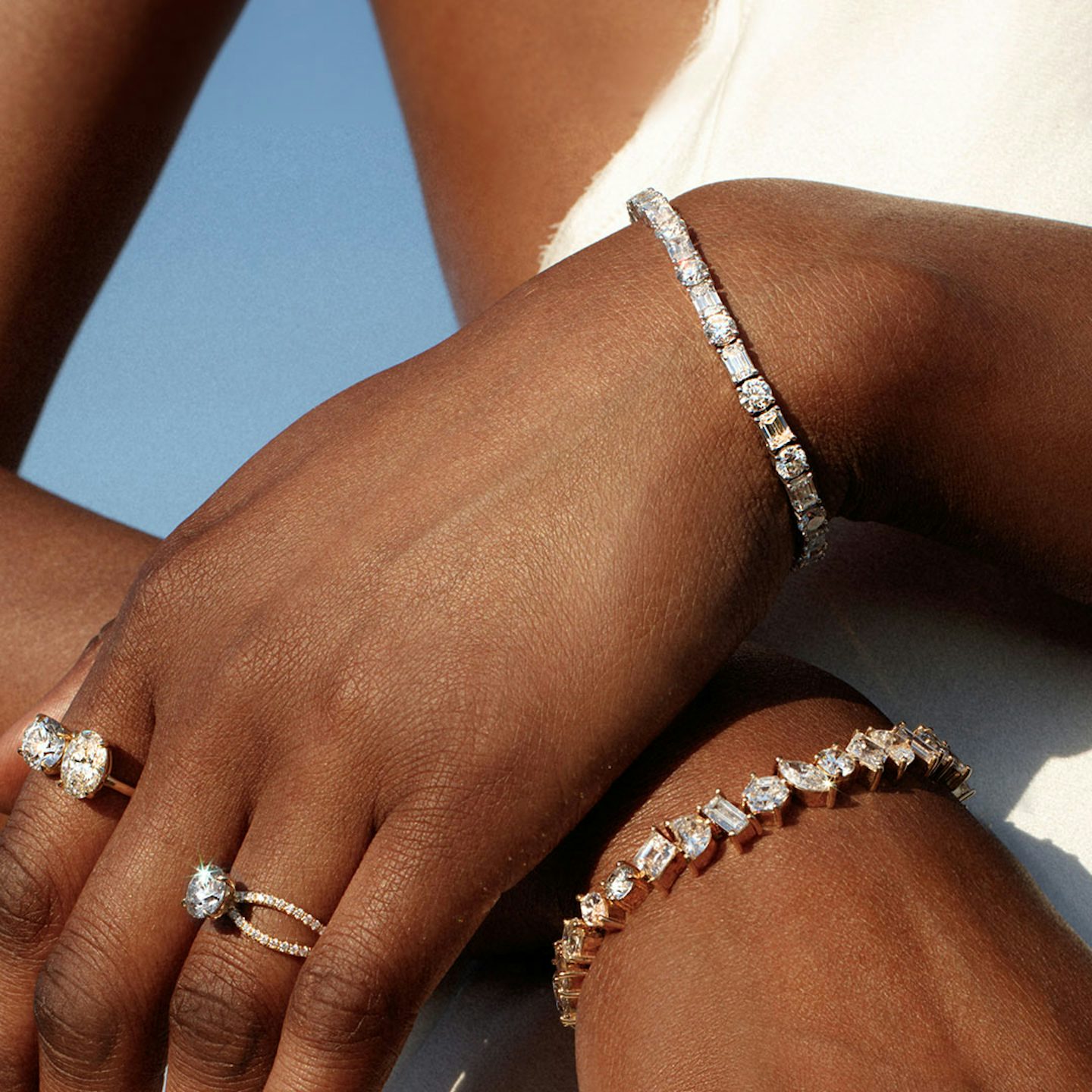 Bracelet Mixed Shape | Rond brillant et Émeraude | 14k | Or blanc 18 carats | Longueur de la chaîne: 6.5 | Taille des diamants: Original
