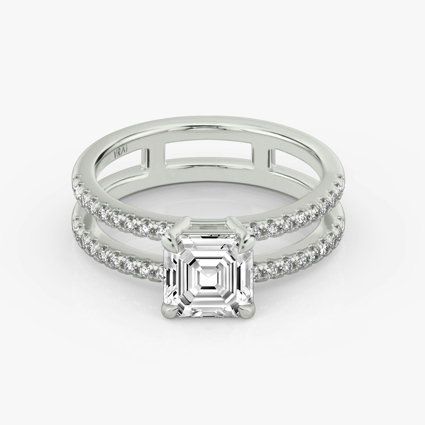The Double Band | Asscher | 18k | 18k White Gold | Band: Pavé | Band stone shape: Round Brilliant | Diamond orientation: vertical | Carat weight: See full inventory