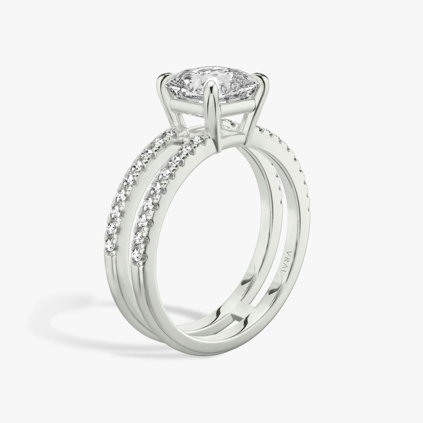 The Double Band | Asscher | Platinum | Band: Pavé | Band stone shape: Round Brilliant | Diamond orientation: vertical | Carat weight: See full inventory